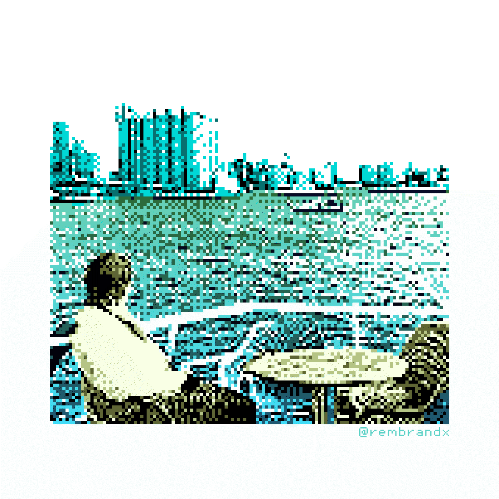 person sitting at a table at the back of a boat overlooking harbor buildings