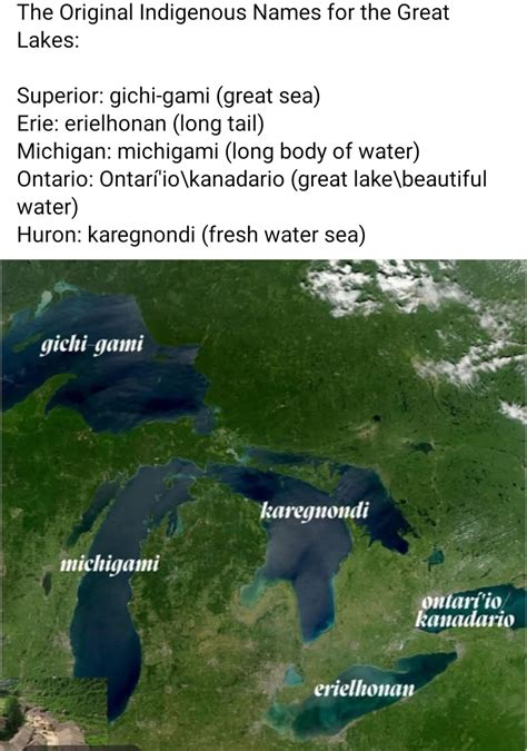 The Original Indigenous Names for the Great

Lakes:

Superior: gichi-gami (great sea)

Erie: erielhonan (long tail)

Michigan: michigami (long body of water)

Ontario: Ontarí'io\kanadario (great lake\beautiful water)

Huron: karegnondi (fresh water sea)

gichi-gami

karegnondi

michigami

ontari'io kanadario

erielhonan