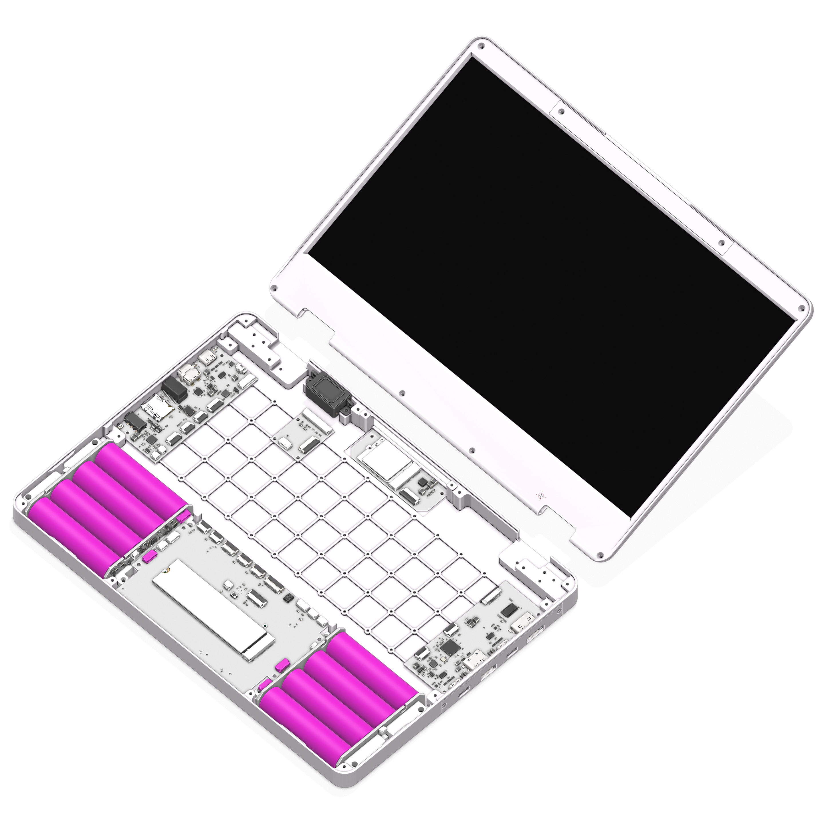 a rendered, partially opened up mnt reform next laptop hardware assembly. batteries are pink