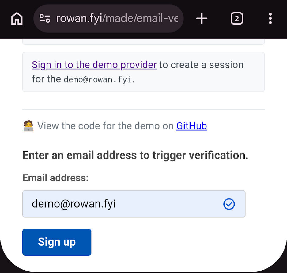 Email input field with a blue check indicating Chrome has verified the email address.