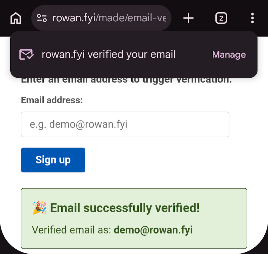 A toast showing "rowan.fyi verified your email" on successful form submission.