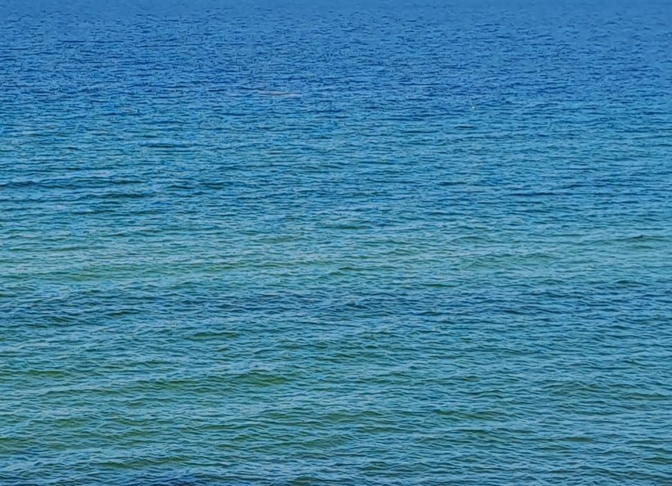 Das Bild zeigt die Meeresoberfläche von einer erhöhten Position aus gesehen. Es herrscht nur wenig Wind und die Benutzeroberfläche zeigt nur kleine und flache Wellenmuster. Die Farben sind Hellblau bis hellgrün.