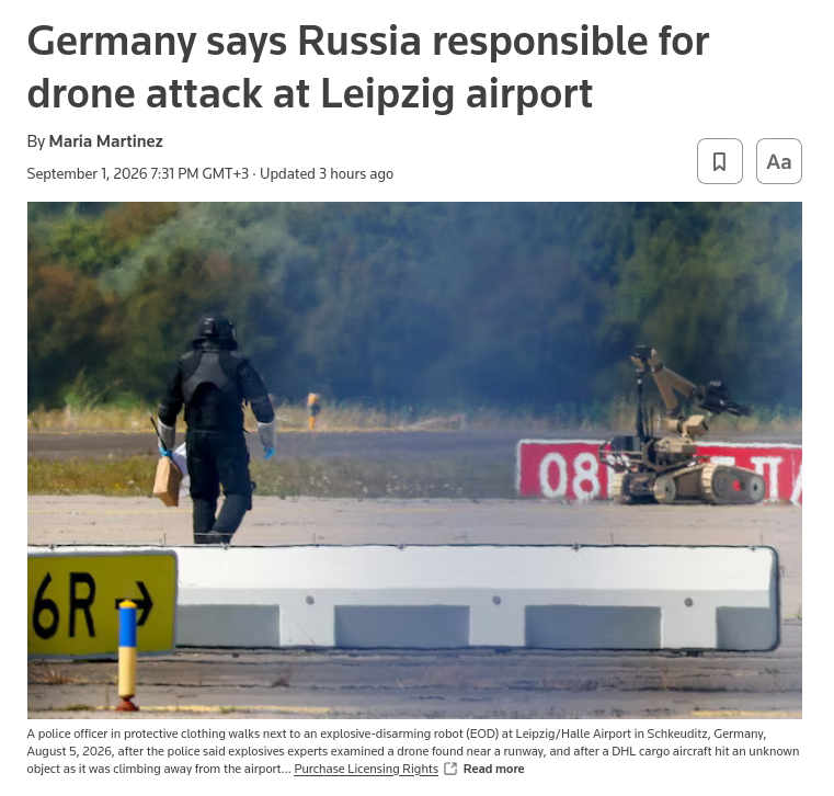 Germany has attributed last months attempted drone attack at Leipzig/Halle Airport to Russia, citing intelligence that participants acted for Russian state agencies. In response, Berlin closed a consulate and a Russian cultural center. #russia #EU #Germany
