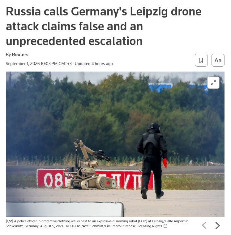 Russias embassy in Germany said on Tuesday that German allegations ​that Russia was responsible for an ‌attempted drone attack at Leipzig/Halle airport last month were an absurd and baseless ​provocation which stood to benefit Ukraine. #Russia #EU #Germany
