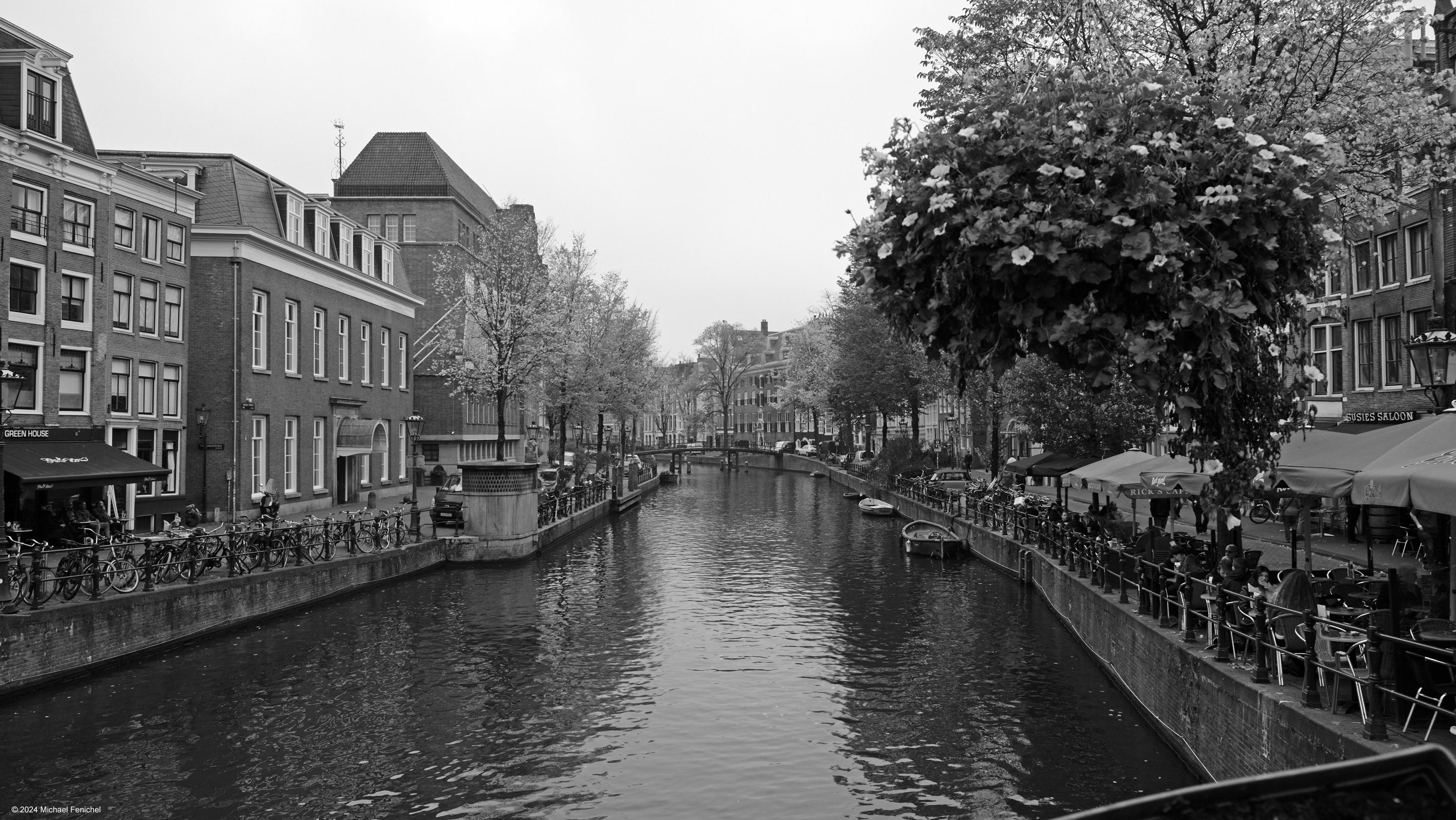 Black and White Photo by Fenichel

A view from the center of a bridge over a canal in Central Amsterdam.
On both sides are walls lined with bicycles and/or cafes, trees on the right, symettrical homes and windows on the left. The bottom center of the image is almost all water, the whole width of the canal, and looking forward the lines lead to a curving of the canal - they circle concentrically in central Amsterdam.