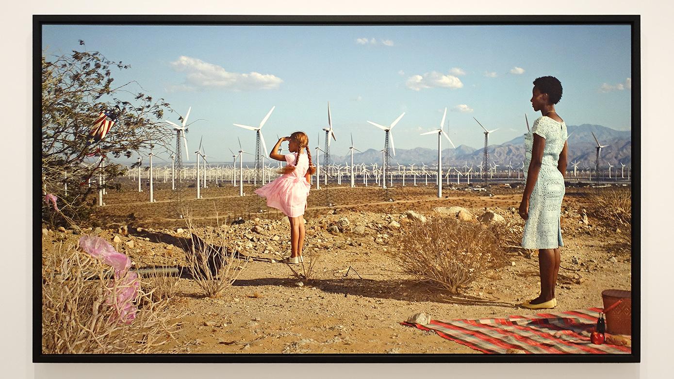 Een foto uit de serie Palm Springs uit 2018. Een veld vol met windturbines in een Amerikaanse woestijn. In de verte nog vaag enkele bergen. Voor de windturbines staat een donker meisje met een roze jurk te kijken naar haar vliegt die in een struik is vast komen te zitten. De vlieger is in bedrukt in de Amerikaanse vlag. Deze vlieger is duidelijk verloren en staat waarschijnlijk symbool voor duurzame energie-opwekking. Zeker voor de nieuwe generatie kinderen. Achter haar staat haar donkere moeder in een witte jurk. Rechts zie je nog net het picknickkleed op de woestijngrond liggen.