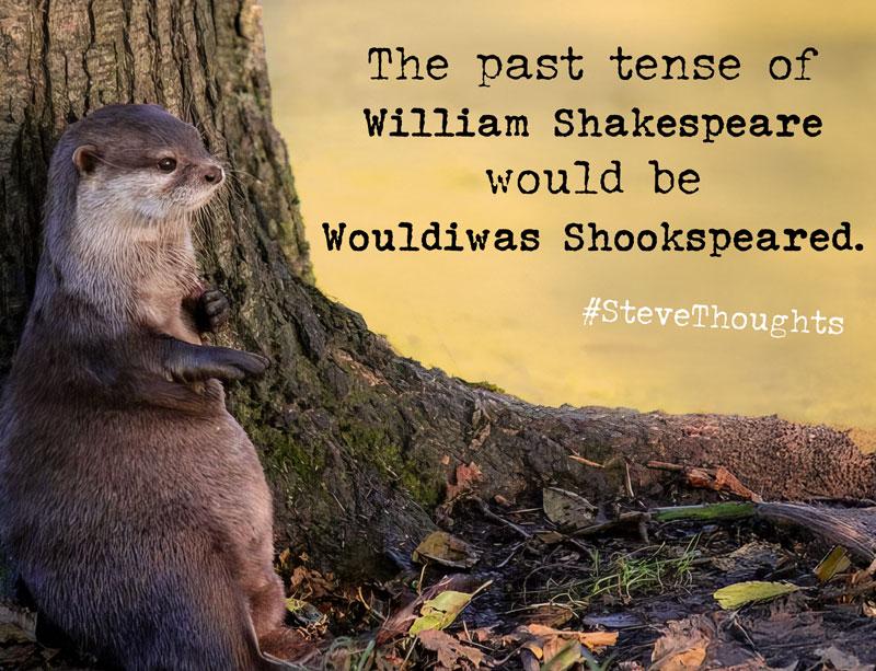 A photograph of a brown otter named Steve standing on its hind legs and leaning against a tree trunk in a softly lit forest clearing.  
Baked-in text:  
“The past tense of William Shakespeare would be Wouldiwas Shookspeared.”  
“#SteveThoughts”