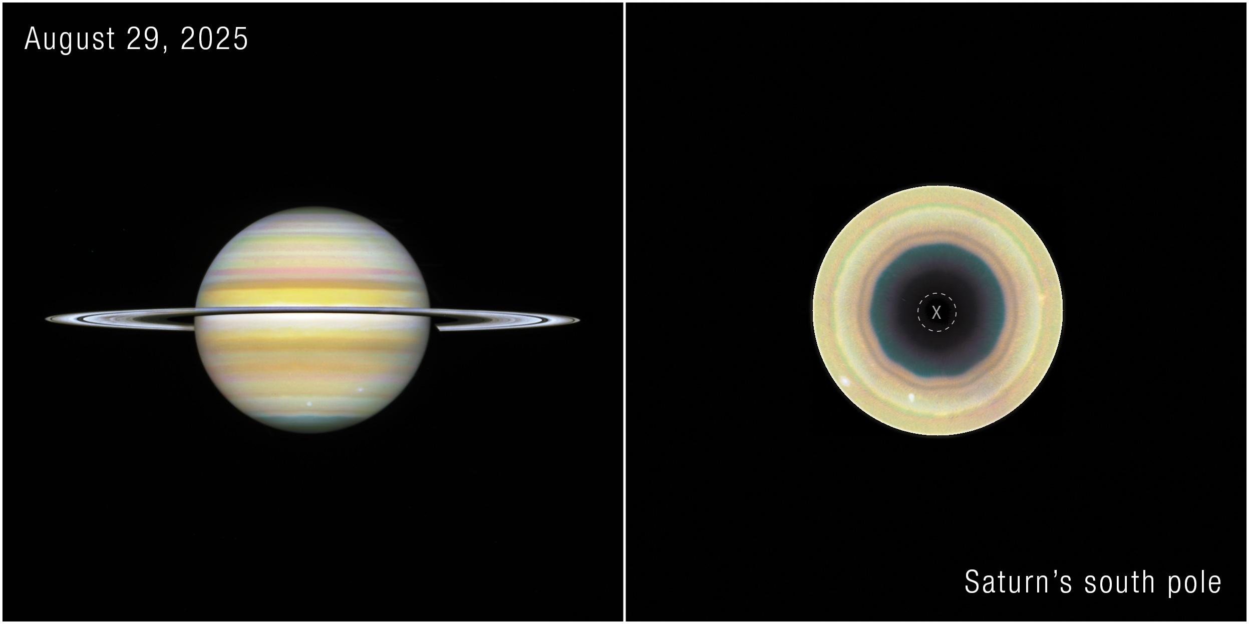 Recent NASA Hubble Space Telescope images show the gas giant Saturn and its southern pole, where astronomers have discovered a 10-sided atmospheric wave. Observations show the decagon extends through multiple layers of Saturn’s atmosphere. Image: NASA, ESA, STScI, Agustin Sánchez-Lavega (UPV), Amy Simon (NASA-GSFC), Michael Wong (UC Berkeley); Image Processing: Alyssa Pagan