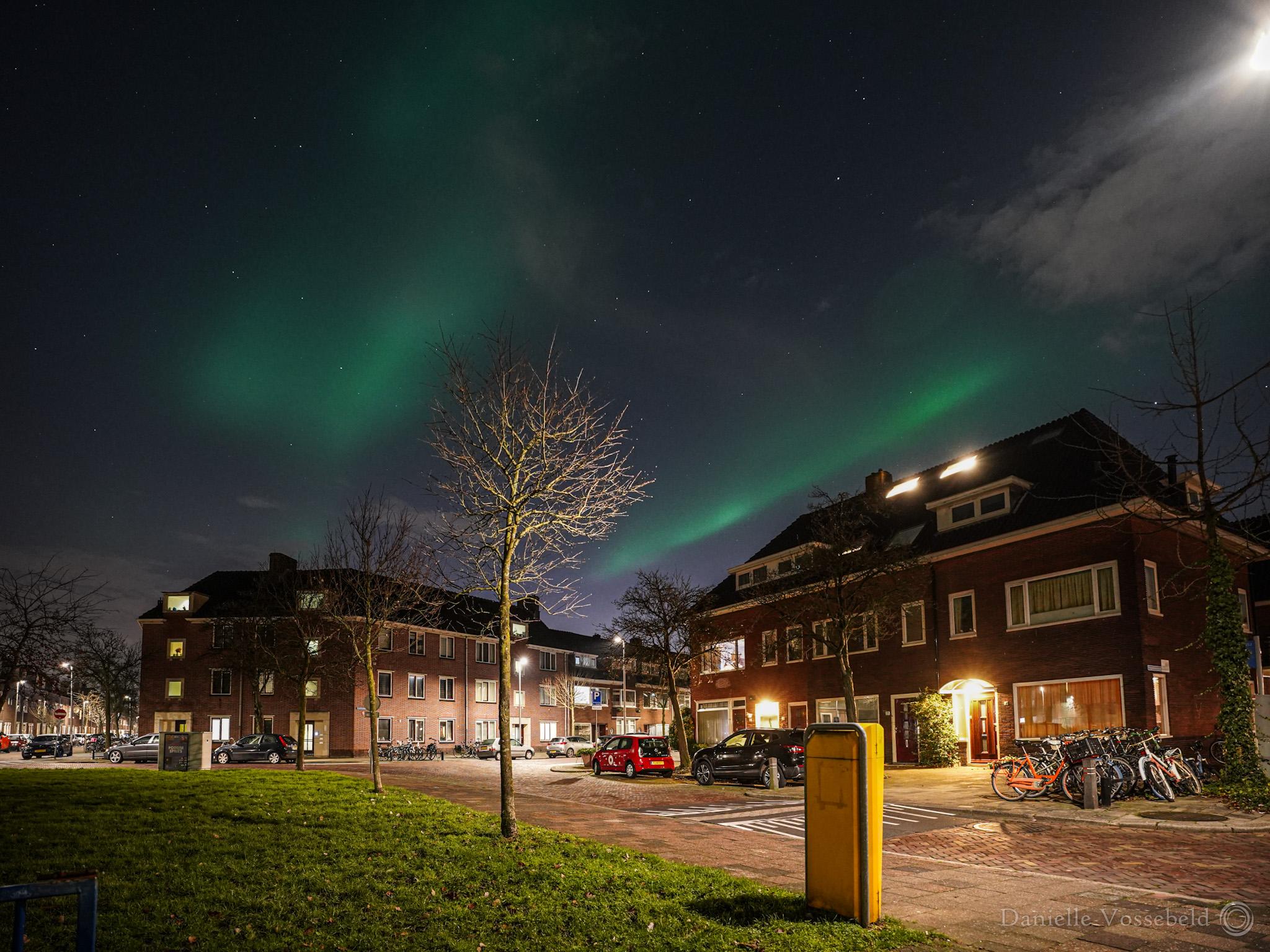 City, small field, garbage bin and tiny tree in the front, houses, at night. In the dark sky a cloud and green northern lights. For me it is still surreal.