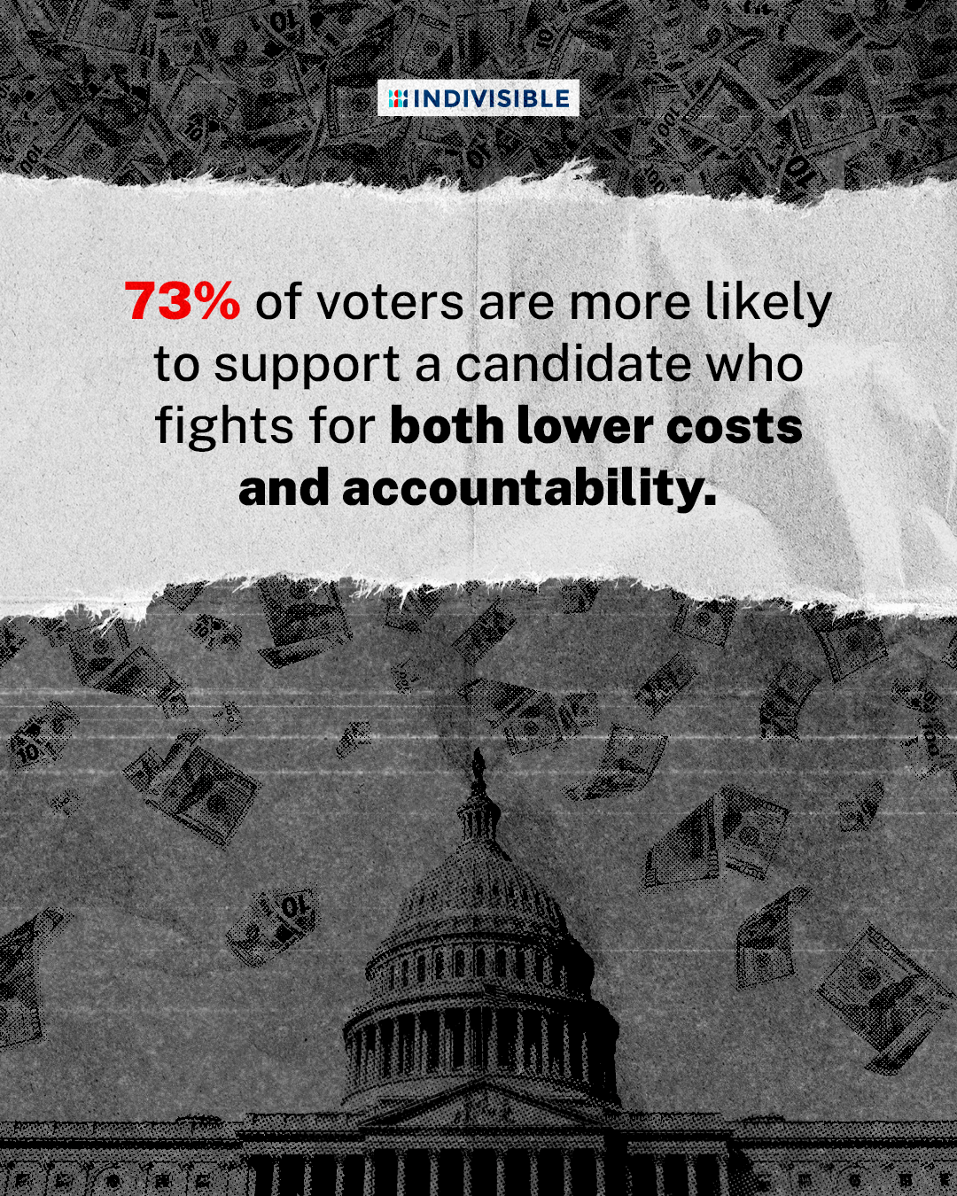 73% of voters are more likely to support a candidate who fights for both lower costs and accountability.