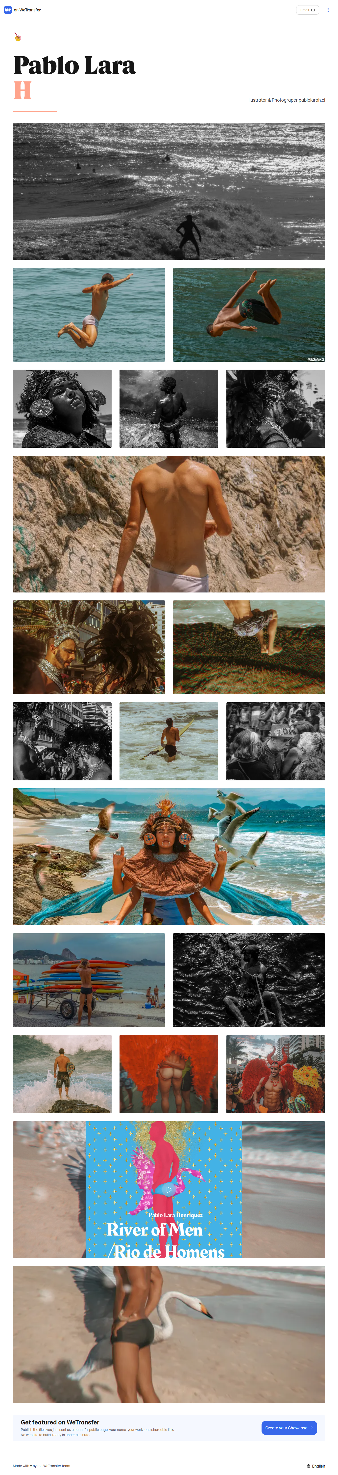 Screenshot of a Mosaic of images from the Pablo Lara H showcase at WeTransfer, featuring images from Rio de Janeiro and its men on the beach and on the Carnaval.