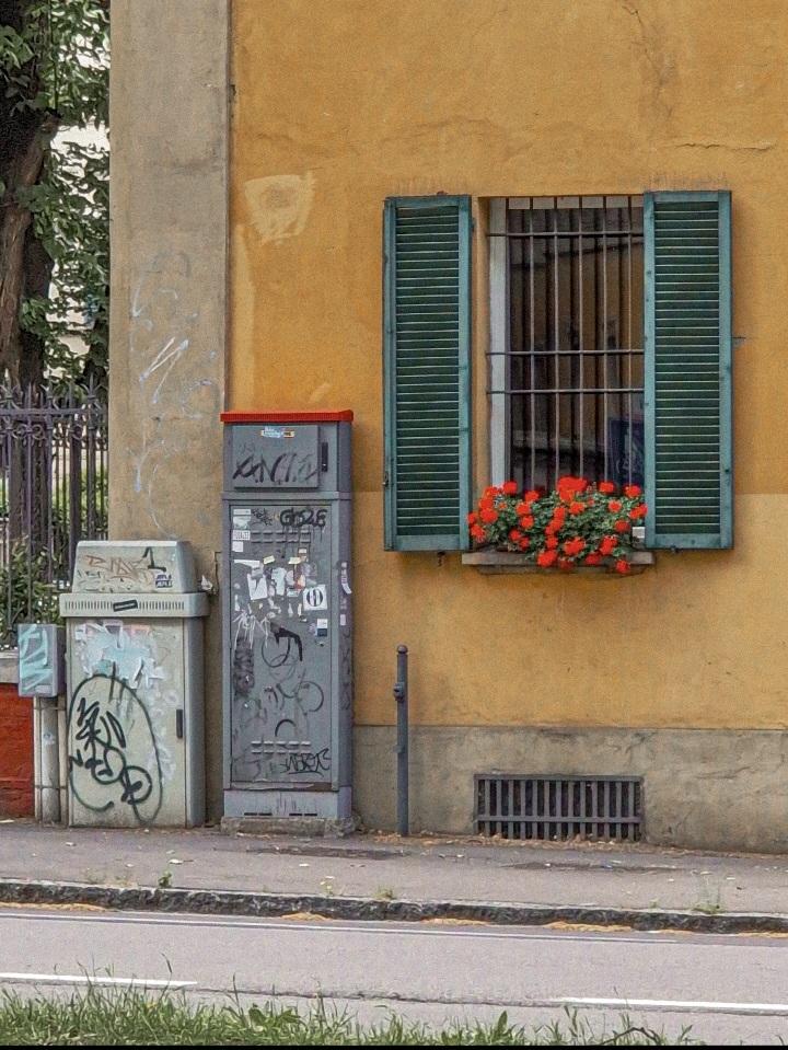 A photo of a window with green shutters with a window box of red flowers. It is set in a mustardy yellow wall. To the right there are some electrical and water supply metal box containers.