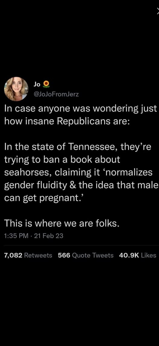 Jo © @JoJoFromlJerz In case anyone was wondering just how insane Republicans are: In the state of Tennessee, they're trying to ban a book about seahorses, claiming it ‘normalizes gender fluidity & the idea that male can get pregnant.’ This is where we are folks. 