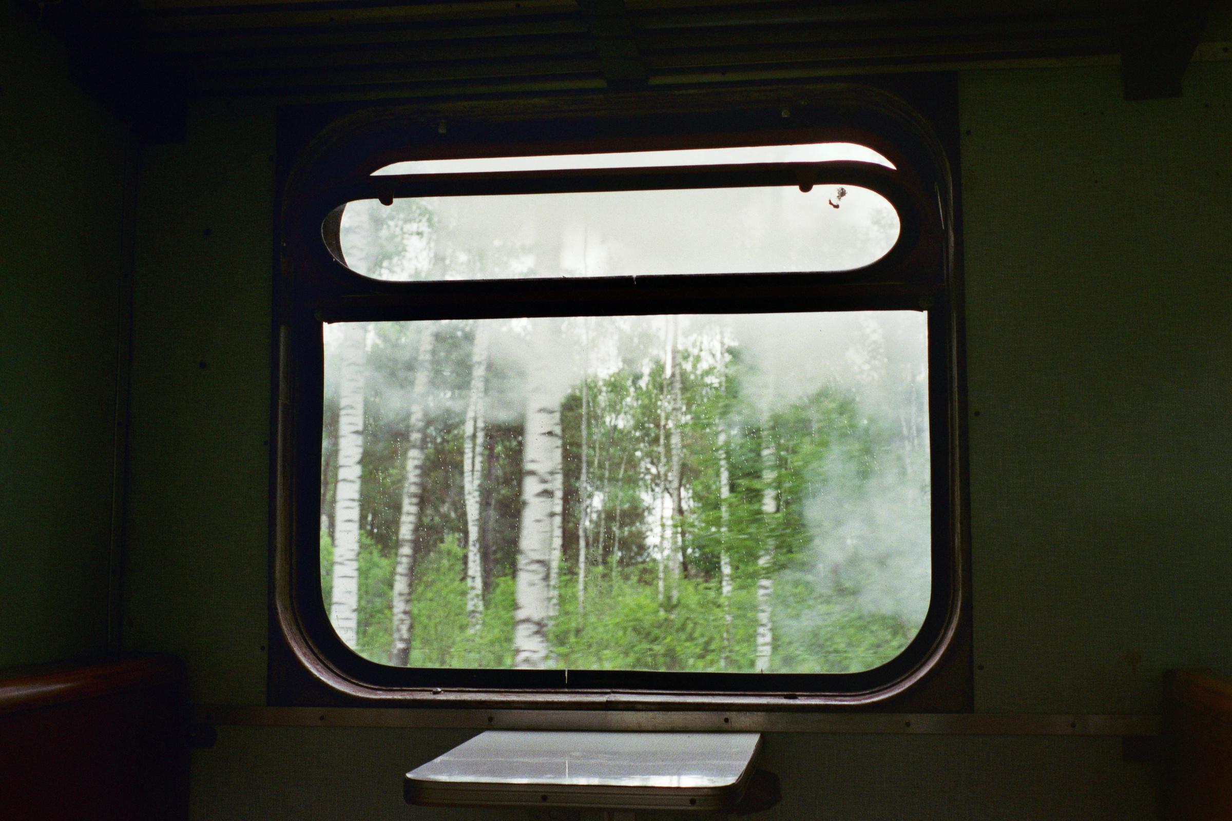 Im Inneren eines älteren Eisenbahnwagens. Der Blick fällt durch das Fenster auf Dampf und einen Birkenwald.

Der obere Teil des Fensters ist aufgeklappt. Vor dem Fenster ist ein kleiner weißer Tisch, zu beiden Seiten davon sind Lehnen rotbrauner Sitze erkennbar. Die Wand ist grünlich.