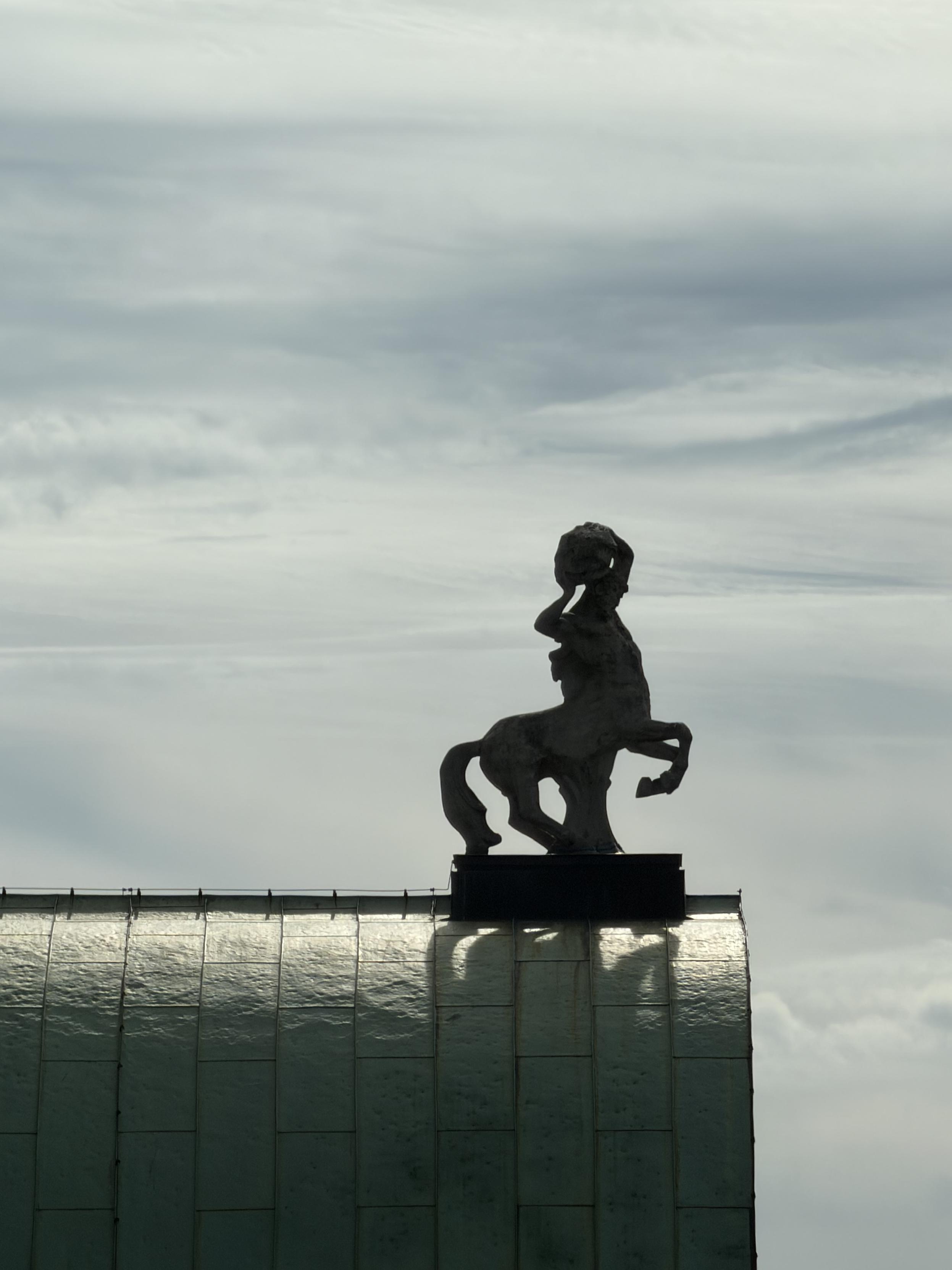 A grey, overcast sky fills most of the upper part of the image — flat and even, like frosted glass.

In the lower third: a slanted metal roof that catches the light — bright horizontal streaks run across it, like shimmering water.

Right on the ridge of the roof, standing on a small dark base, is a statue — a black silhouette against the pale sky, like a paper cutout.

The statue shows a centaur: a human upper body on top, a horse's body below, with four legs and a tail. The horse body isn't standing still — one front leg is raised, as if rearing up.

The human arm is lifted above the head, holding something round and uneven — like a stone.

The whole figure looks small against the wide sky, but its sharp black outline makes it easy to make out — one single figure in motion, on a calm, glinting surface under grey clouds.