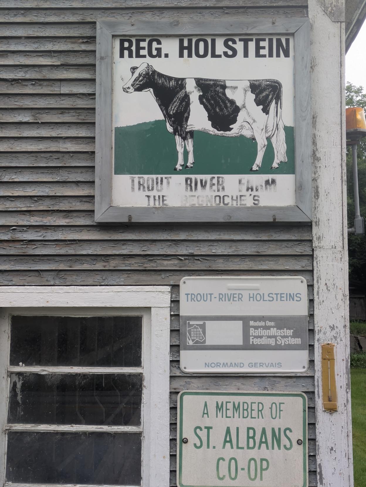 Closeup photo of three signs on the side of a gray and white wooden barn with part of a dusty window showing. The top sign has a picture of a black and white cow and says, in somewhat faded lettering:
"​REG. HOLSTEIN
​TROUT RIVER FARM
​THE DECONOCHE'S" 

​The middle sign says:
"​TROUT-RIVER HOLSTEINS
​Module One:
​RationMaster
​Feeding System
​NORMAND Gervais"
​
The bottom rectangular sign says:
"​A MEMBER OF
​ST. ALBANS CO-OP"