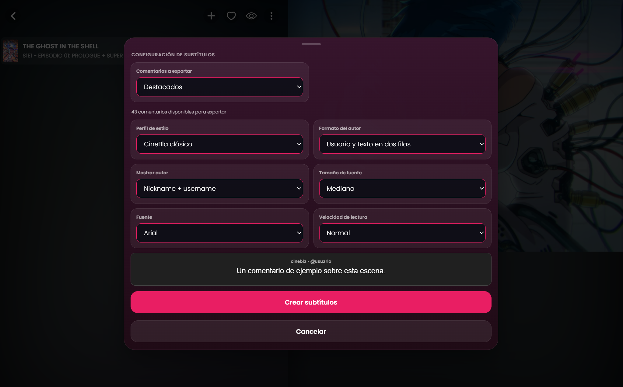 El modal para crear subtítulos de los comentarios de Cineblá con las opciones de configuración