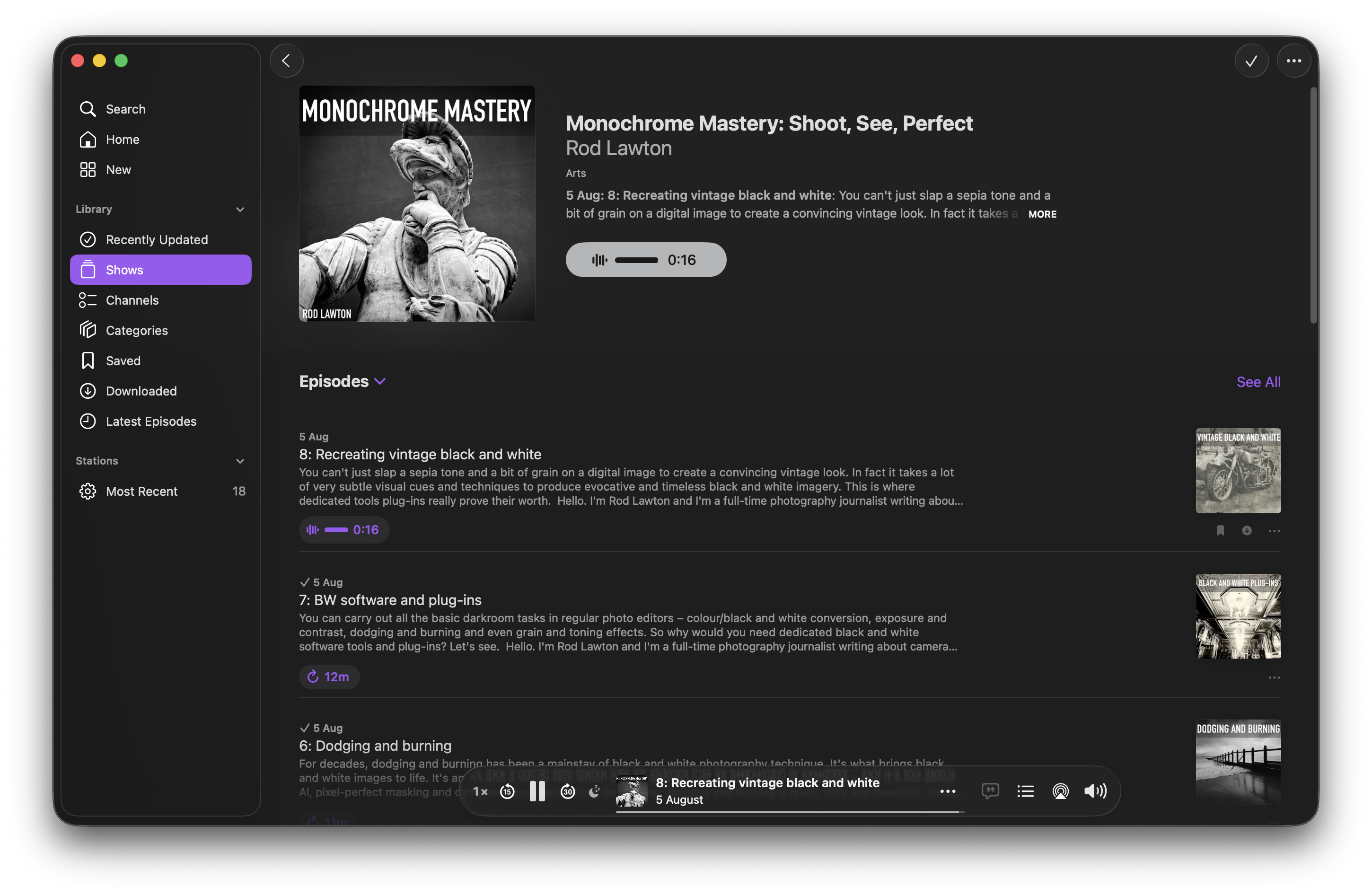A screenshot of the Monochrome Mastery podcast showing info and episodes.