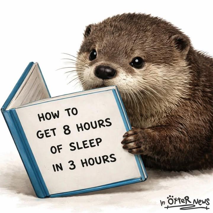 Steve the otter is shown in a realistic digital‐painting style against a plain white background, holding open a small blue‐edged book.   Text on the book cover reads exactly: “HOW TO GET 8 HOURS OF SLEEP IN 3 HOURS.”   In the lower right corner is a small handwritten signature: “In Ötter News.”