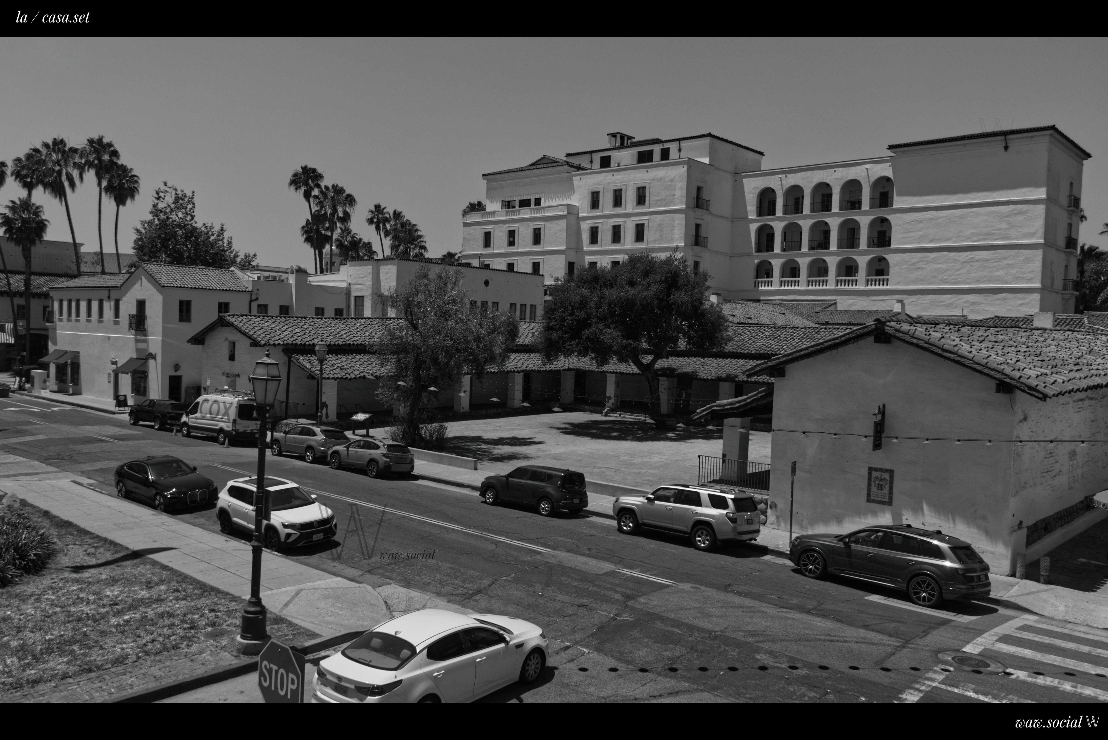 A black and white photo of El Paseo and Casa de la Guerra in Downtown Santa Barbara, California.