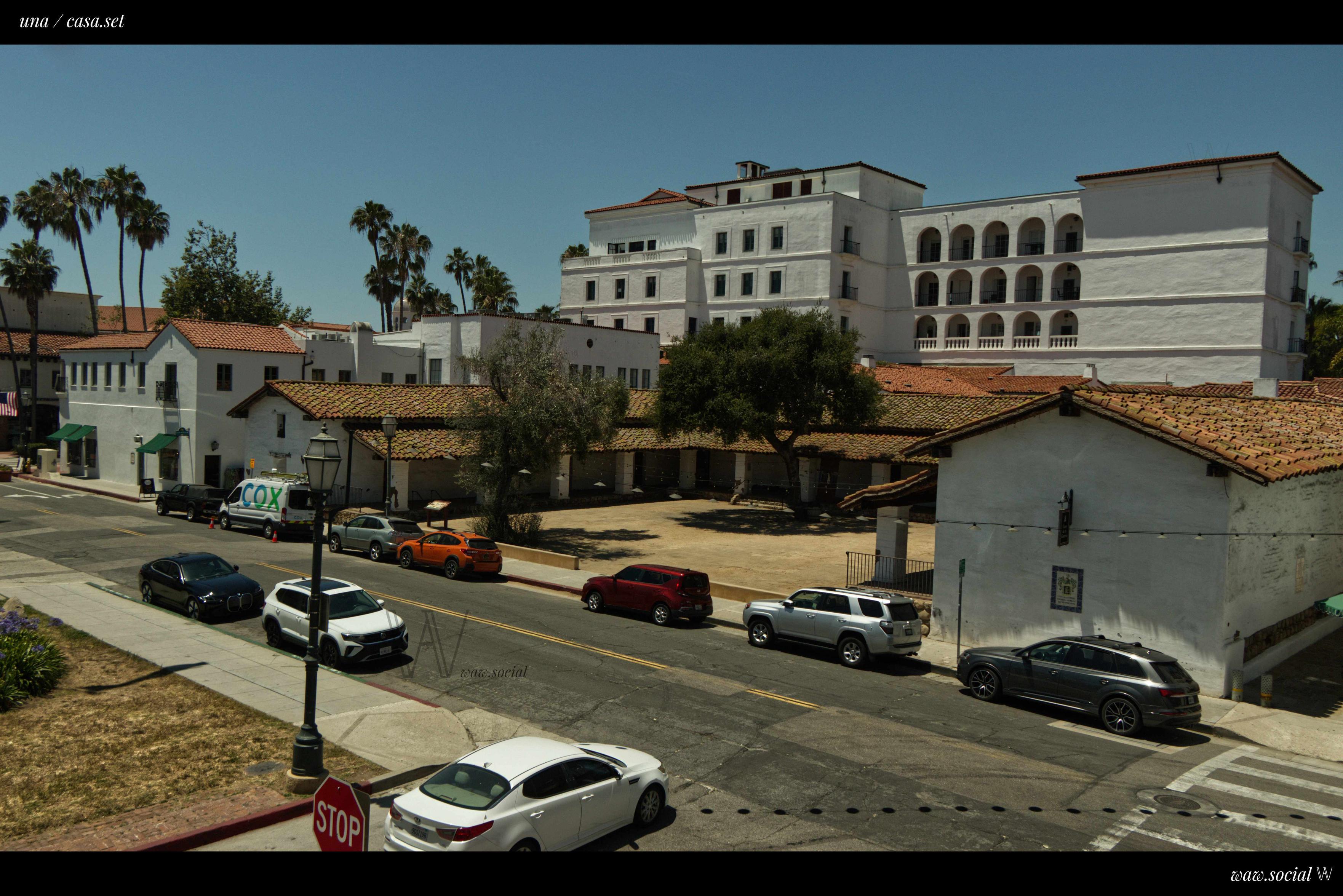 A warm color photo of El Paseo and Casa de la Guerra in Downtown Santa Barbara, California.