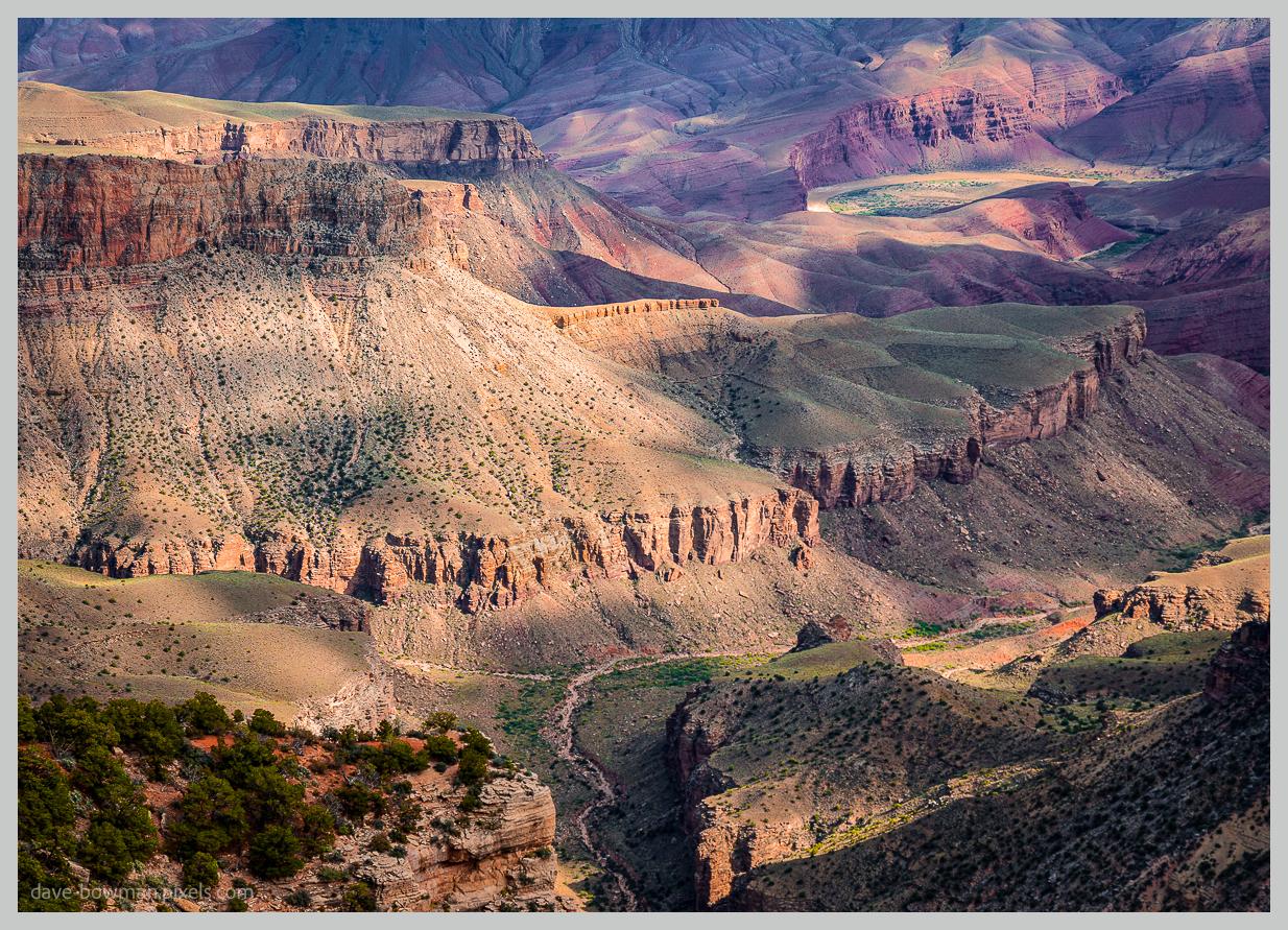 A photograph of the vast, layered landscape of the Grand Canyon, with sunlight illuminating warm orange and red sandstone cliffs and ridges while deep shadows fill the valleys between them. The rock formations stretch into the distance, showing the immense scale and depth of the canyon, with areas of muted purple and green adding further variation to the rugged terrain.