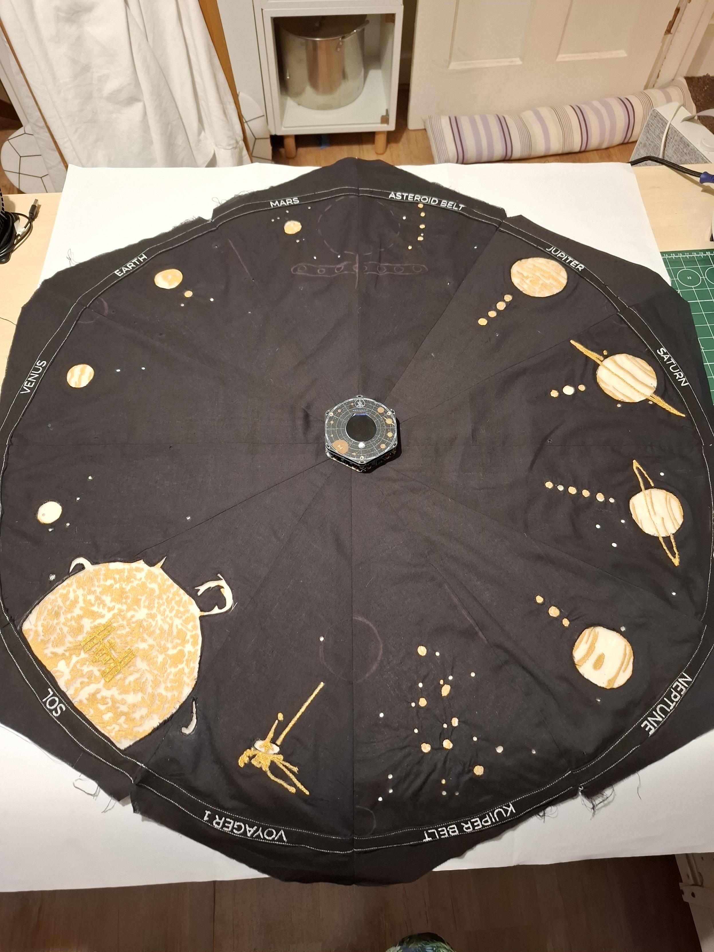 Full front face of quilted version of a tildagon, with all planets made from embroidered organza
