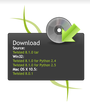 A screenshot of the Twisted home page from an even older version of the site, when it used to have a big icon of a CD with an arrow decorating the downloads box on the front page