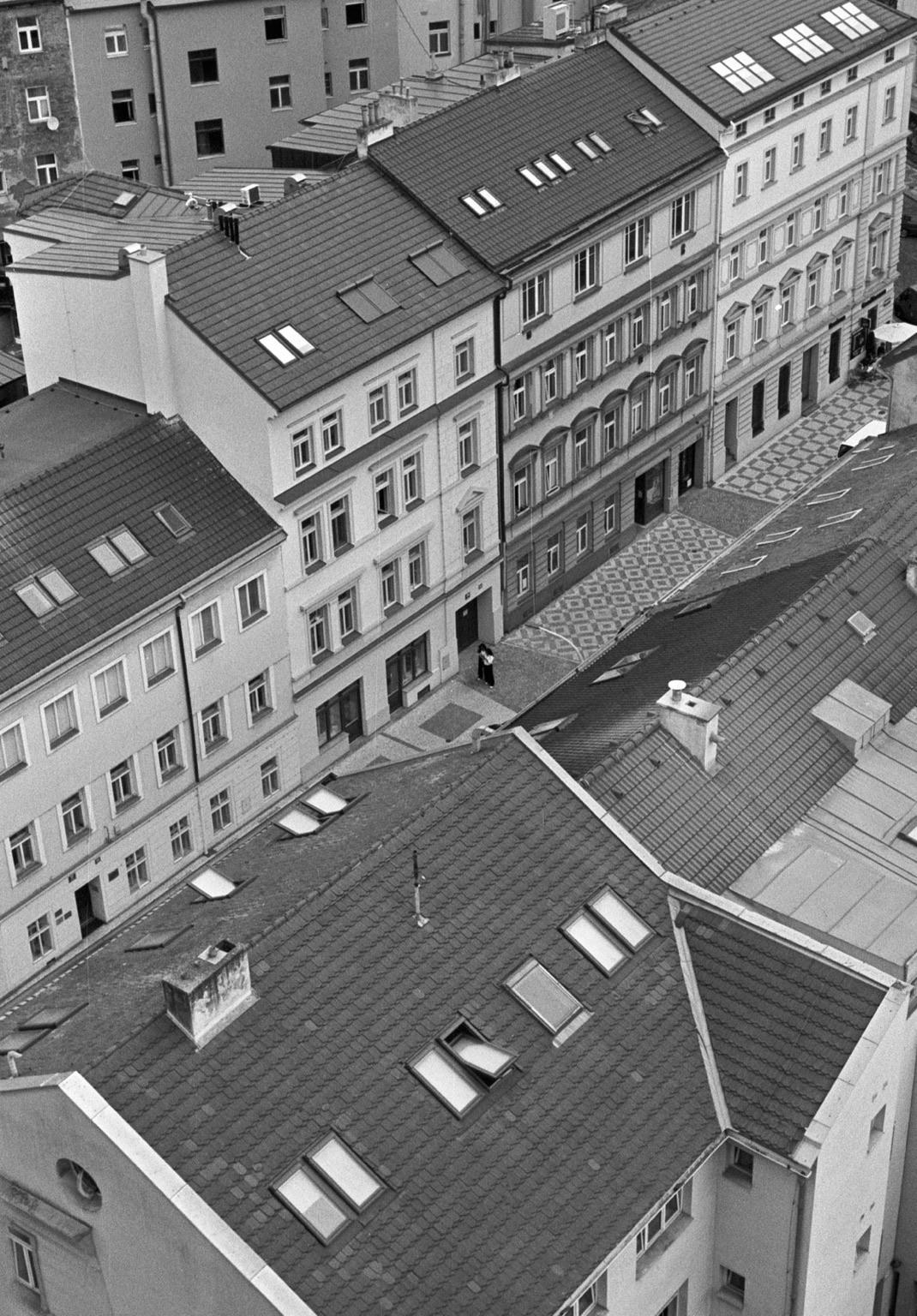 A black-and-white aerial view of a city block, featuring several buildings with varying architectural styles and roof designs. The foreground shows rooftops with dormer windows, and the background reveals a cobblestone street lined with multi-story buildings. A person is
