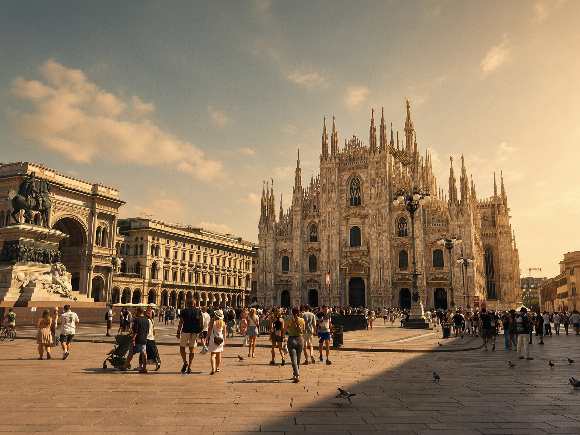 Wide view of Piazza del Duomo in Milan at sunset. The richly carved Gothic facade of Milan Cathedral fills the right side, crowded with spires and statues. On the left stand an equestrian monument and the arched entrance of Galleria Vittorio Emanuele II. Tourists cross the stone-paved square; a few pigeons peck near the foreground. Warm low sunlight and long shadows stretch across the pavement under a partly cloudy sky.