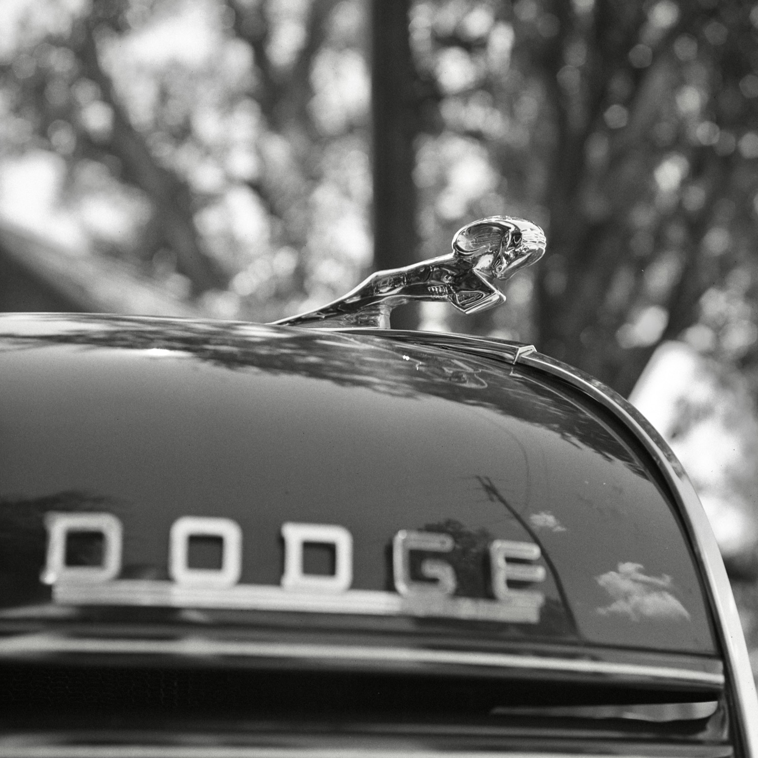 A black-and-white film photo. A close-up of a chrome hood ornament on a classic Dodge Ram truck in Cameron, Texas. Saturday, August 29, 2026.