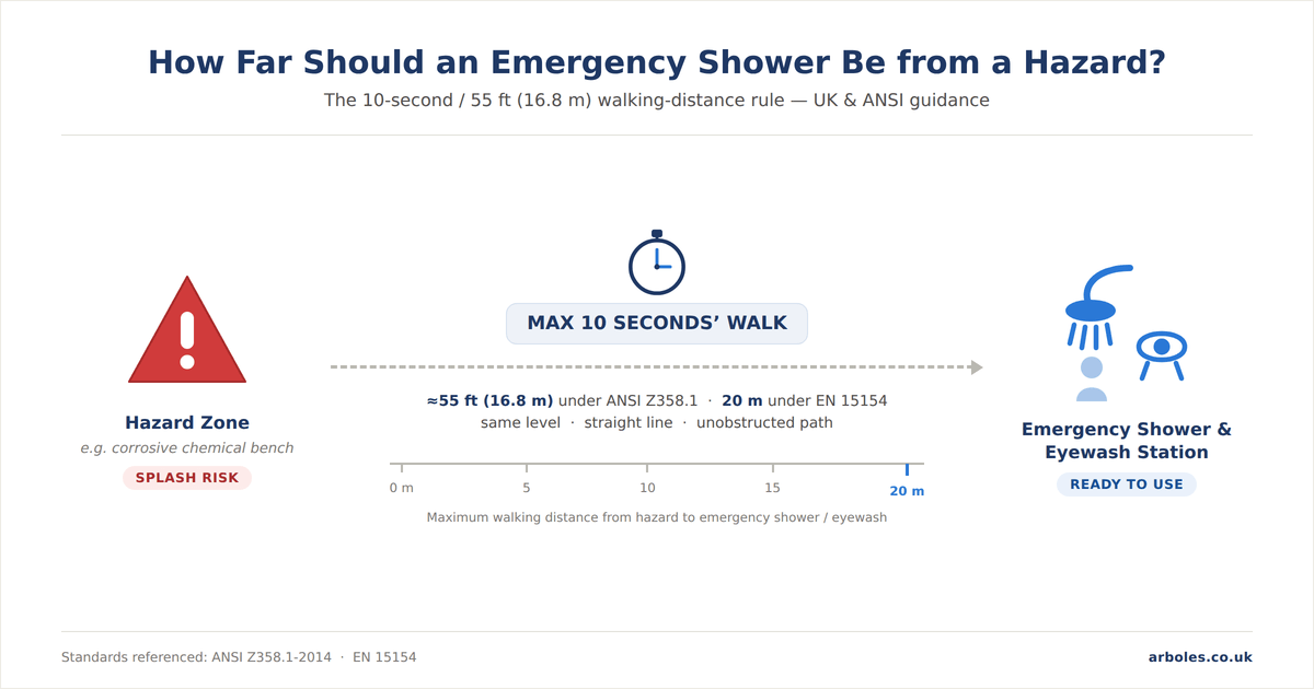 Diagram illustrating safe emergency shower placement in a laboratory. It shows a hazard point at a workbench and the walking route to an emergency shower and eyewash station, both located on the same floor level. The route is drawn as a straight, clear path with no obstructions in the way, representing the maximum 10-second walk that safety standards recommend between a hazard and emergency wash equipment — around 55 feet under the US ANSI Z358.1 standard, or 20 metres under the European EN 15154 standard.