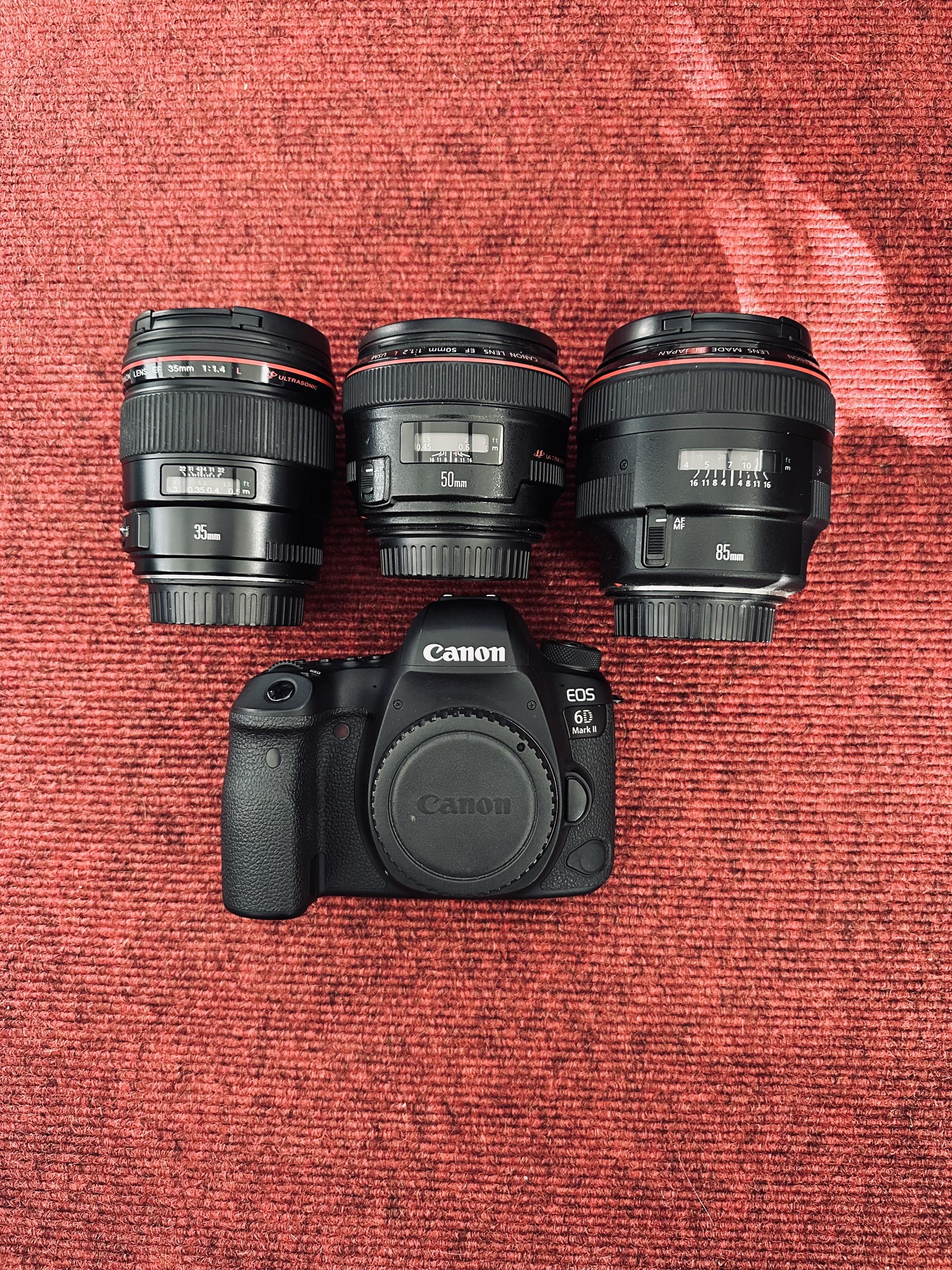A Canon EOS 6D Mark II with the corresponding 35, 50 and 85 L lenses
