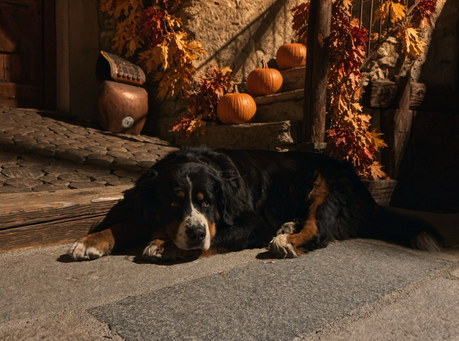 A large Bernese Mountain Dog with black, white and rust markings lies on a sunlit stone patio, head resting on its paws. Behind it, rustic stone steps hold three orange pumpkins and hanging autumn leaves in gold and deep red; a wooden door and cobblestones complete the scene.