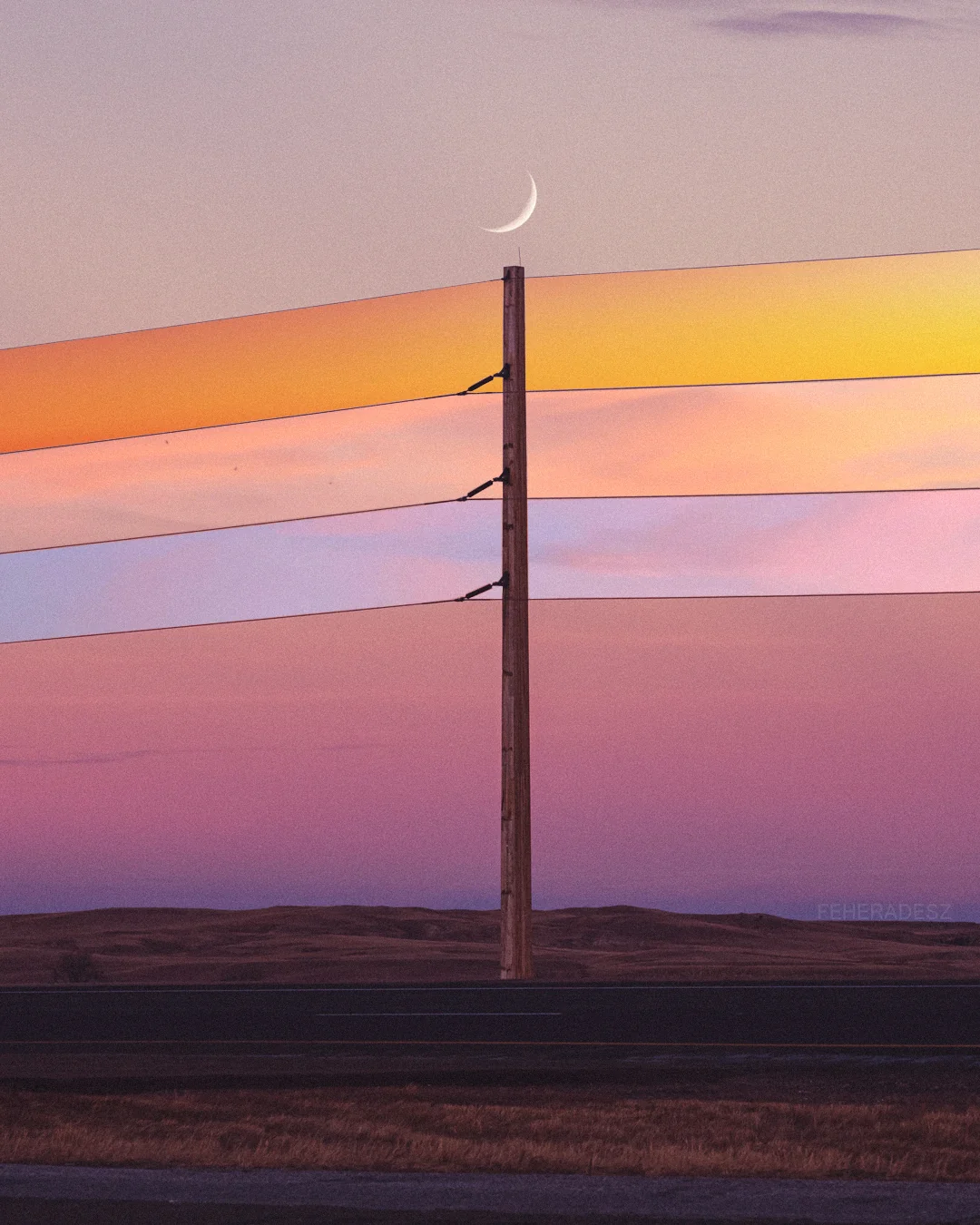 A digitally manipulated image of a utility pole against a dusk sky. The horizontal spaces between the power lines have been filled in with solid gradient bands of orange, pink, and purple, contrasting with the natural sky behind them. A thin crescent moon is positioned directly above the wooden pole.