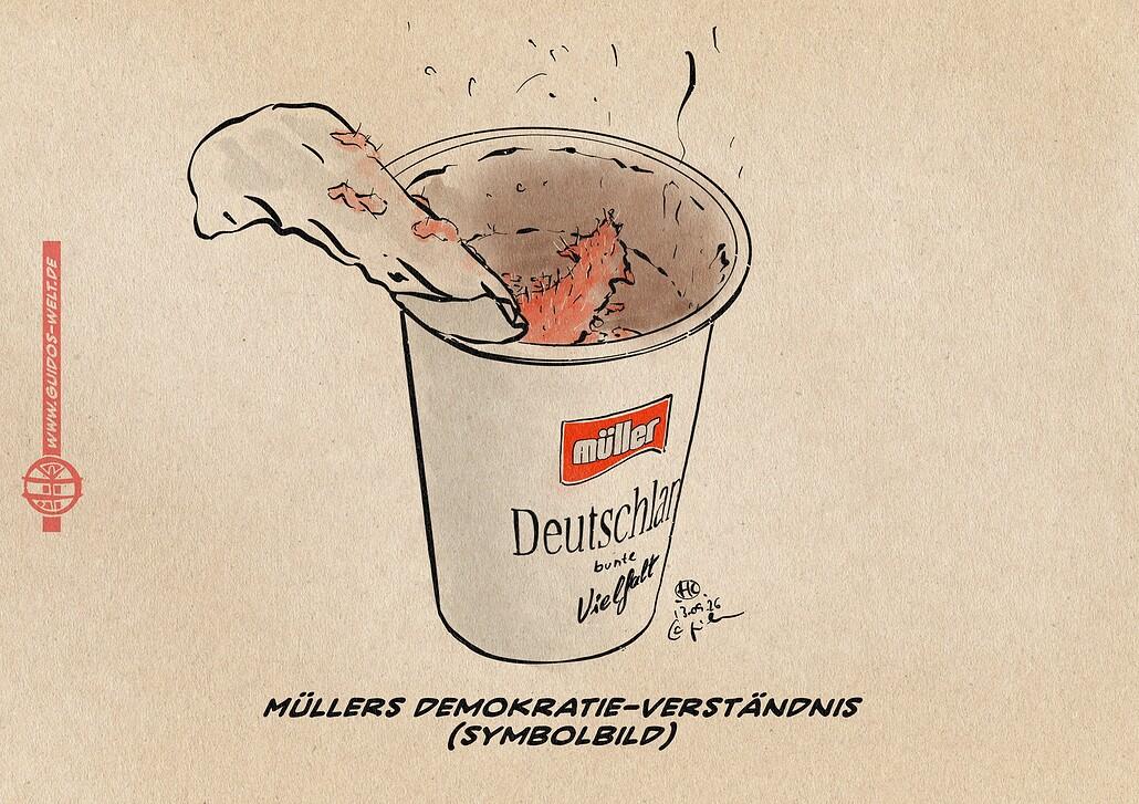 Illustration eines Müllermilchjoghurtbechers mit geöffnetem Deckel. DEr Bescher ist beschriftet mit Müllerlogo, Deutschland bunte Vielfalt. SEin Inhalt ist braun verdorben mit einem Pilz in Form eines AfD Logopfeils. Textzeile: Müllers <br />Demokratie-Verständnis (Symbolbild) Illustration eines Müllermilchjoghurtbechers mit geöffnetem Deckel. DEr Bescher ist beschriftet mit Müllerlogo, Deutschland bunte Vielfalt. SEin Inhalt ist braun verdorben mit einem Pilz in Form eines AfD Logopfeils. Textzeile: Müllers <br />Demokratie-Verständnis (Symbolbild)