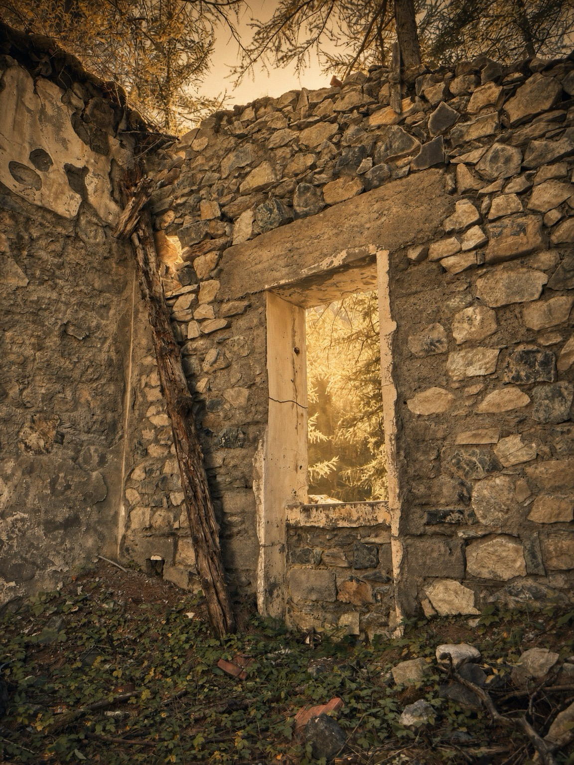 Ancient moss-covered stone ruin with a dark arched doorway in a misty forest; warm golden light strikes the masonry while cooler green shadows fill the trees.
