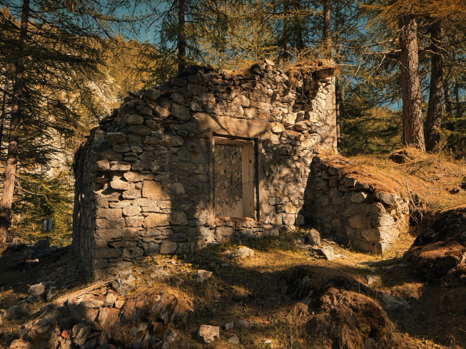 Abandoned dry-stone hut in a mountain larch forest, with a roofless wall and an empty rectangular doorway; warm late sunlight and tree-shadows fall across the masonry, dry grass and scattered rocks.