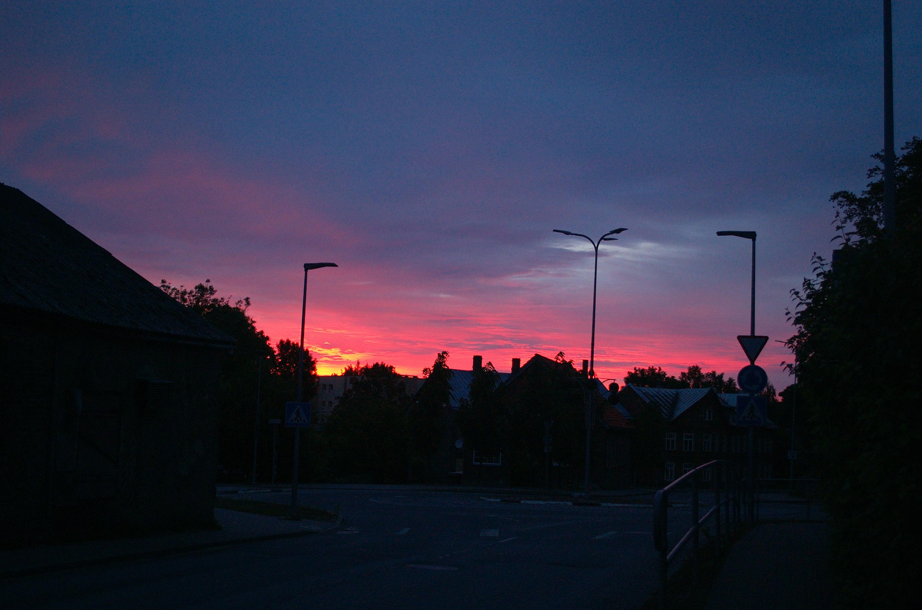Photo of a roundabout at sunrise. Everything on the ground is extremely dark and appears only as a silhouette. The sky covering the top half of the scene is bright pink-red on the horizon, fading to dull dark blue higher up. There are some very tenuous clouds, pink on the left side and pearlescent white on the right.