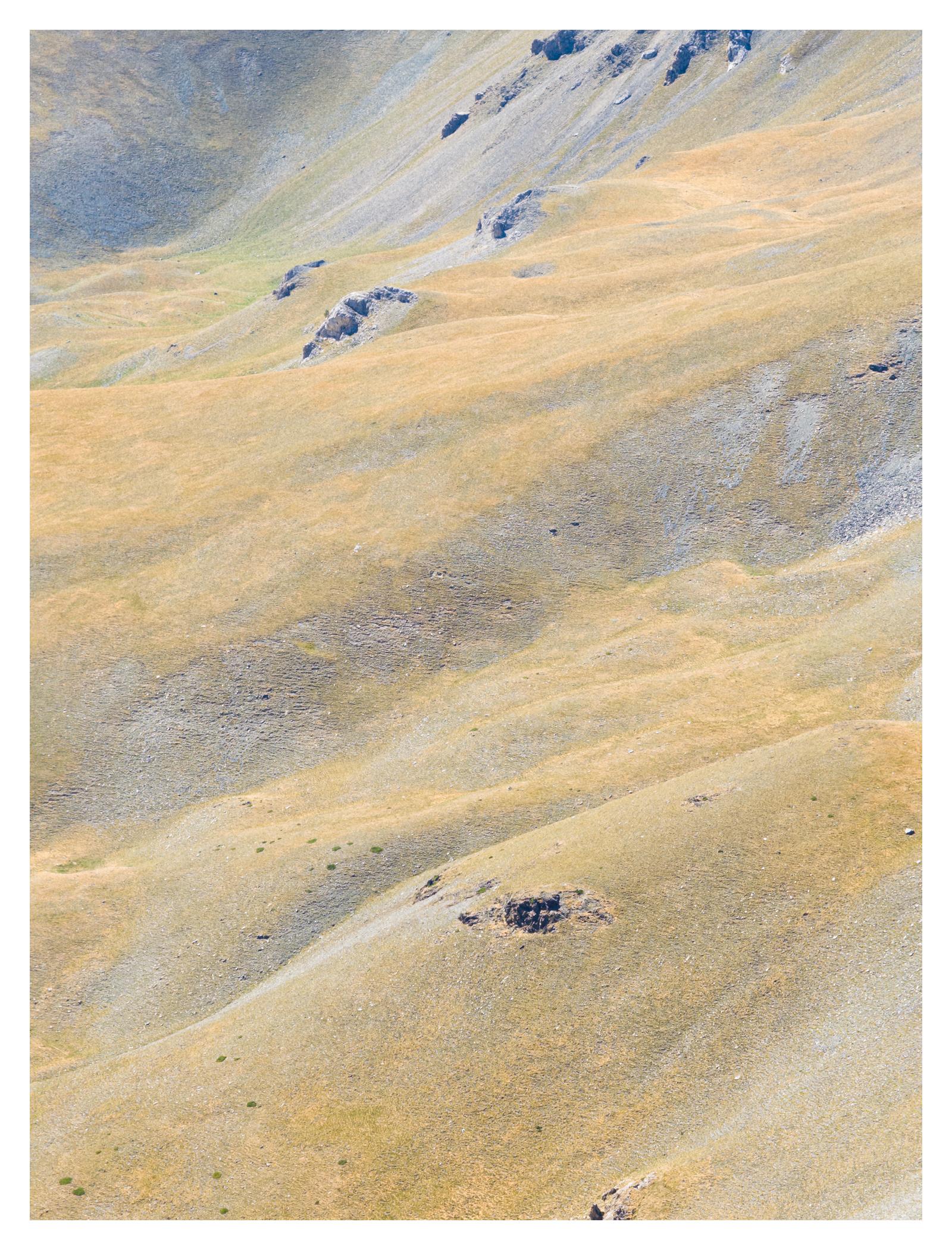 A telephoto landscape shot featuring abstract textures of rolling alpine slopes of dry golden grass punctuated by rock formations emerging from the ground. Image is dominated by a soft tonal palette of ochres, cool greys and a few pale green spots.