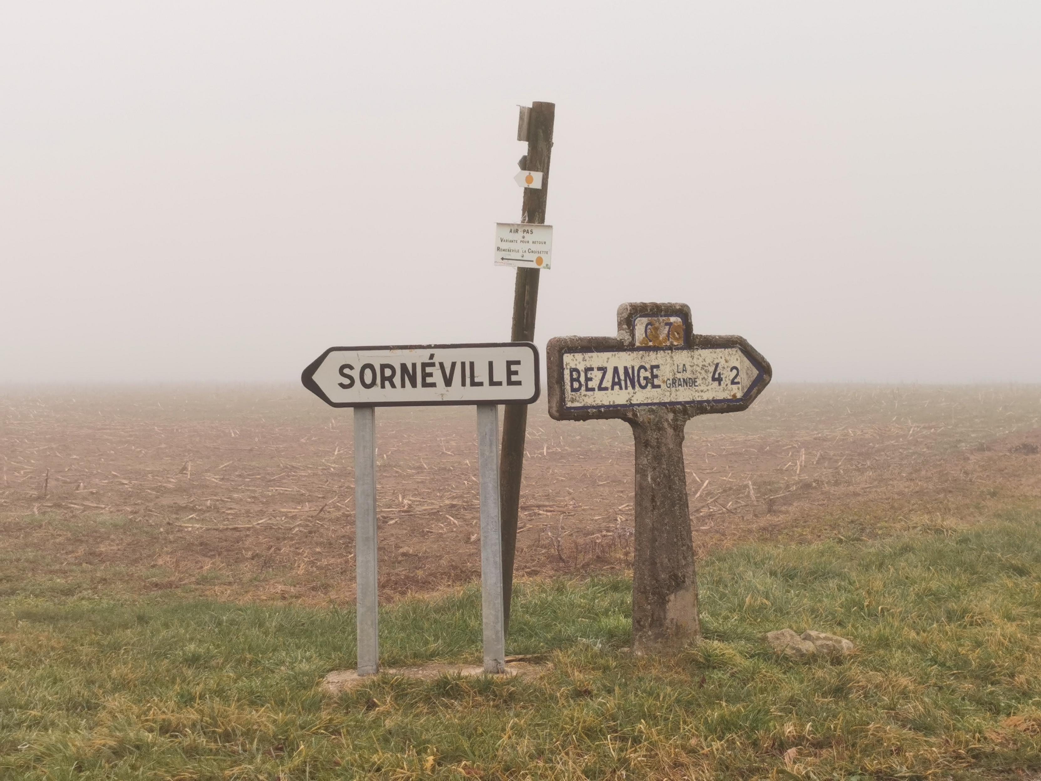 Panneaux indicateurs anciens perdus dans le brouillard.