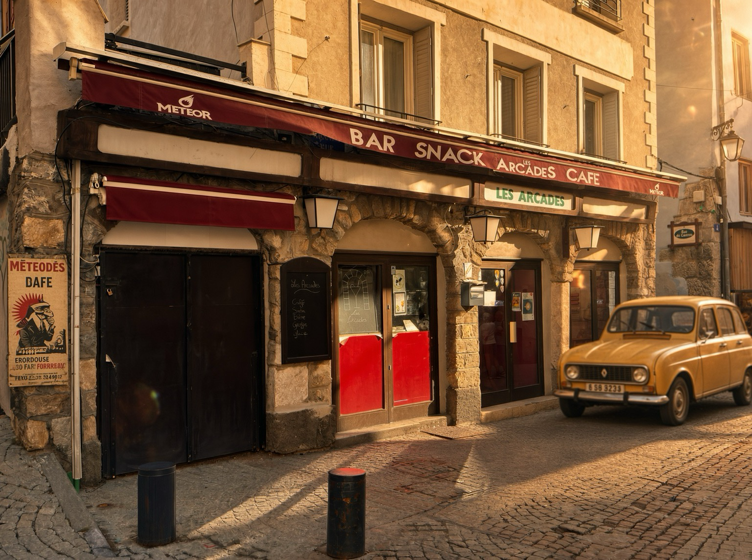 Golden-hour street corner in a French village. Stone building with maroon awnings reading BAR SNACK LES ARCADES CAFE and LES ARCADES. Black garage doors, chalkboard menu, and a vintage mustard-yellow Renault 4 parked on cobblestones. Warm late-afternoon light on the façade and pavement; no people in the foreground.