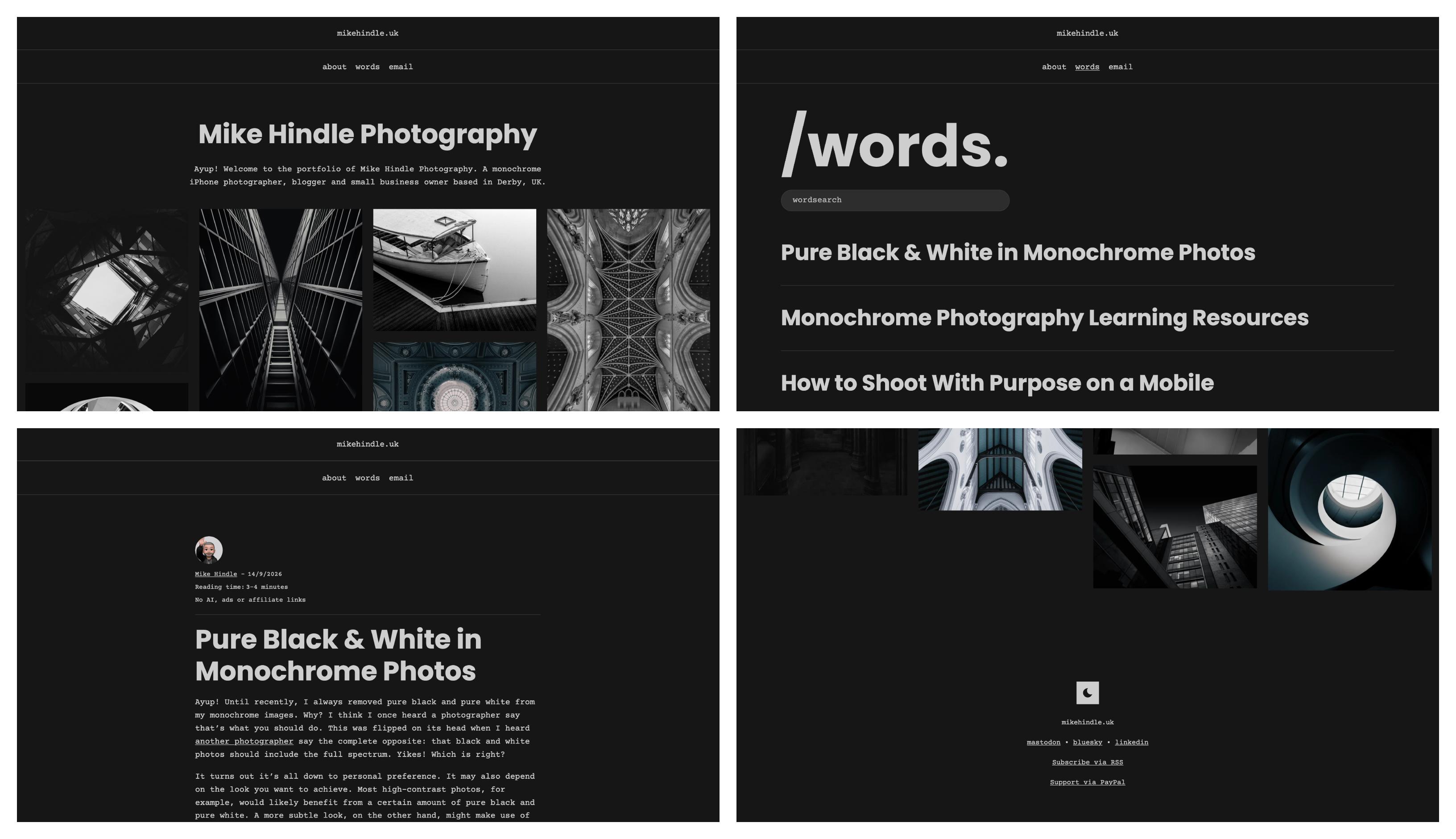A set of four images of a portfolio and blog with a new dark mode feature.