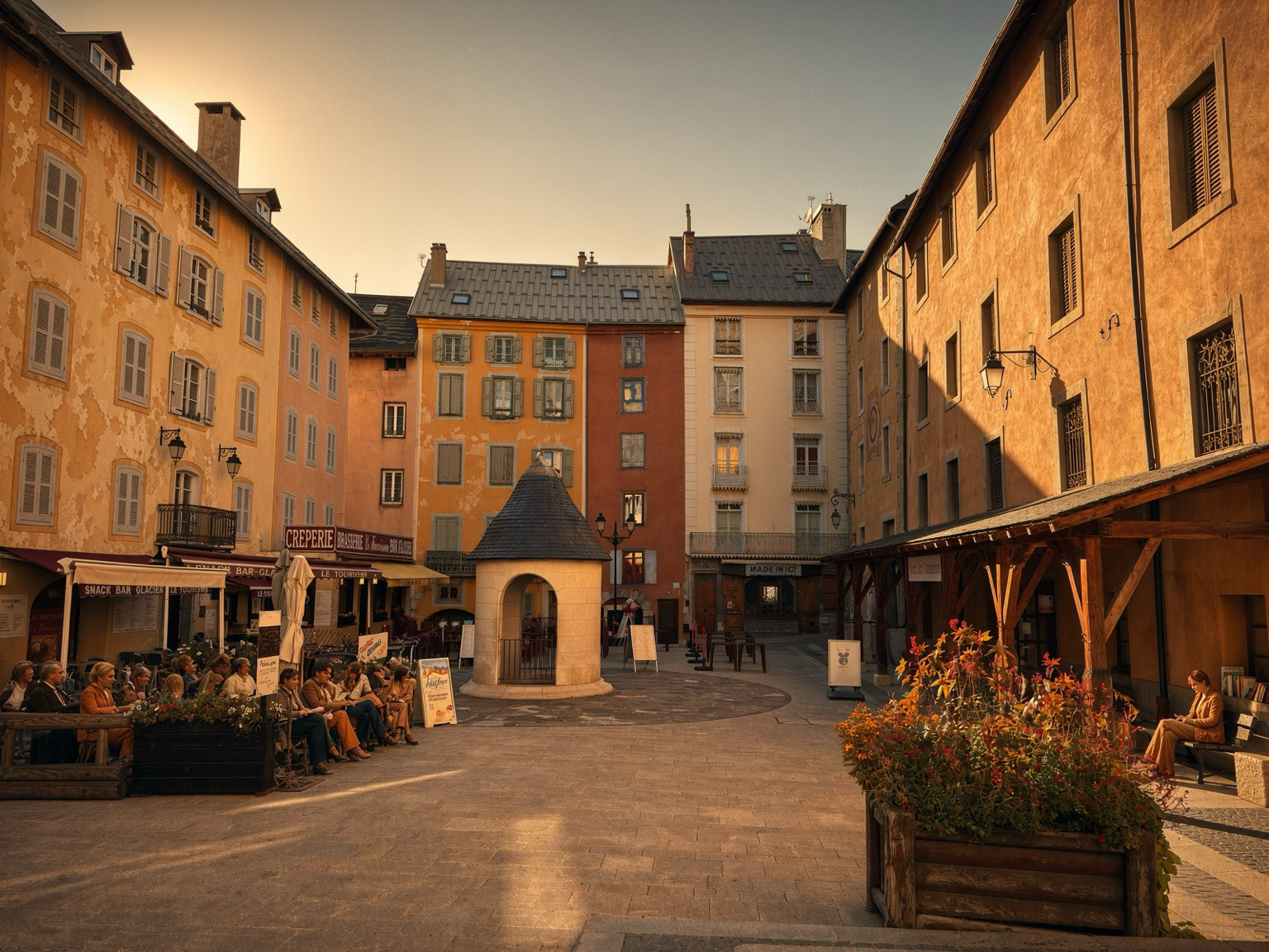 Historic cobblestone square in Briançon, France, photographed in warm late-afternoon light. Colorful multi-story buildings with wooden shutters surround the plaza. At the center is a small stone well with a conical roof and iron gate. On the left, people sit at outdoor café tables beside wooden planters. On the right, autumn flowers fill a large wooden planter and a person sits on a bench under a wooden arcade. Golden sunlight rakes across the façades under a clear sky.