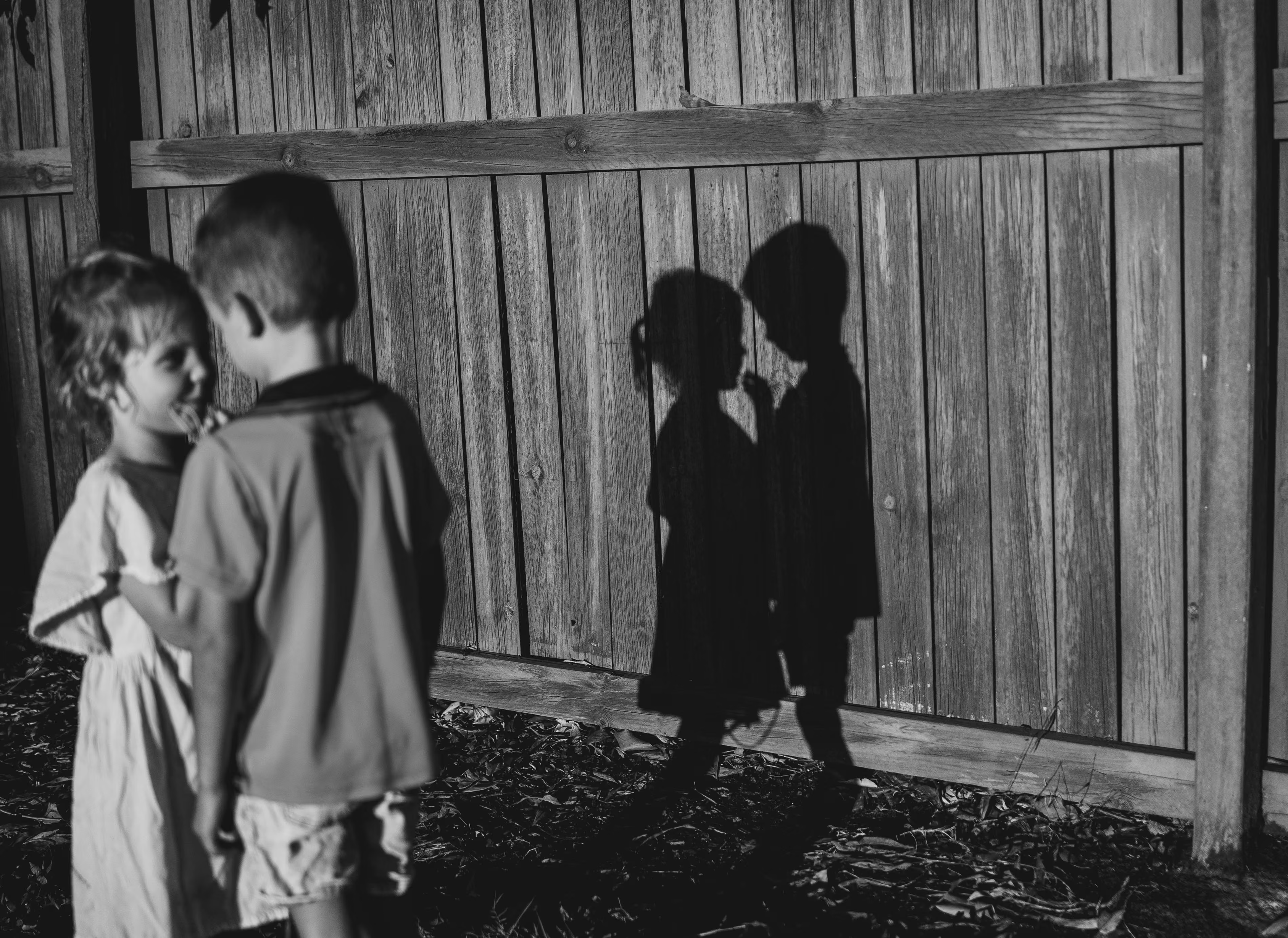 Two children and their shadows on a fence.