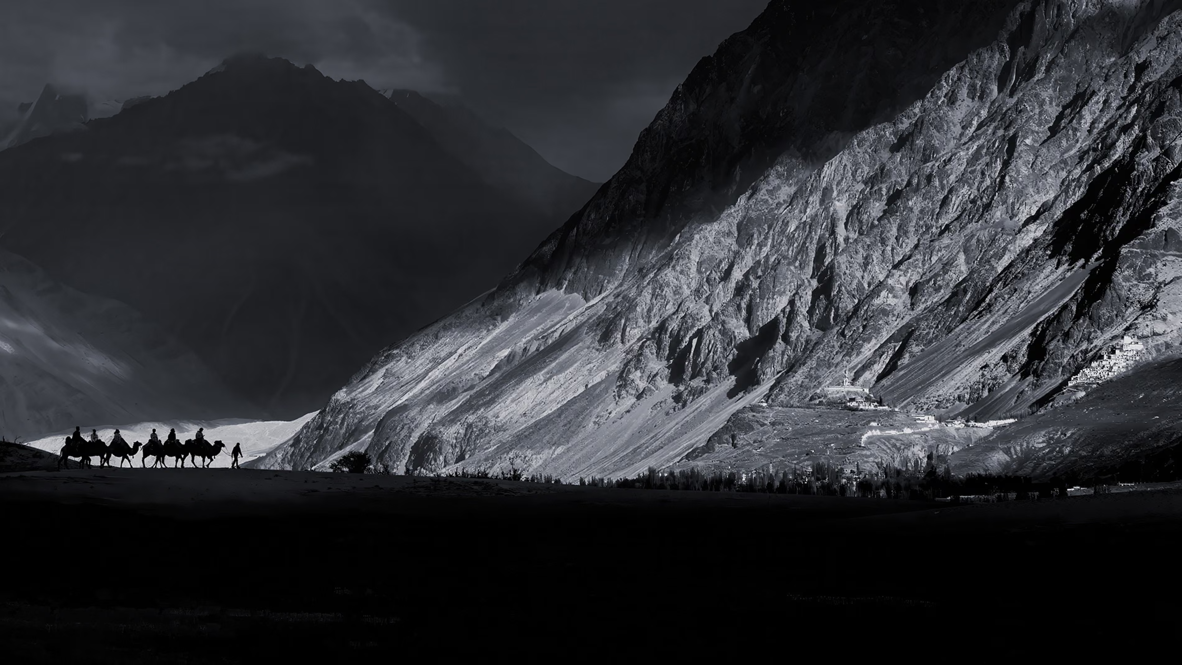 A caravan approaching  the rugged peaks and barren slopes of the Nubra Valley.