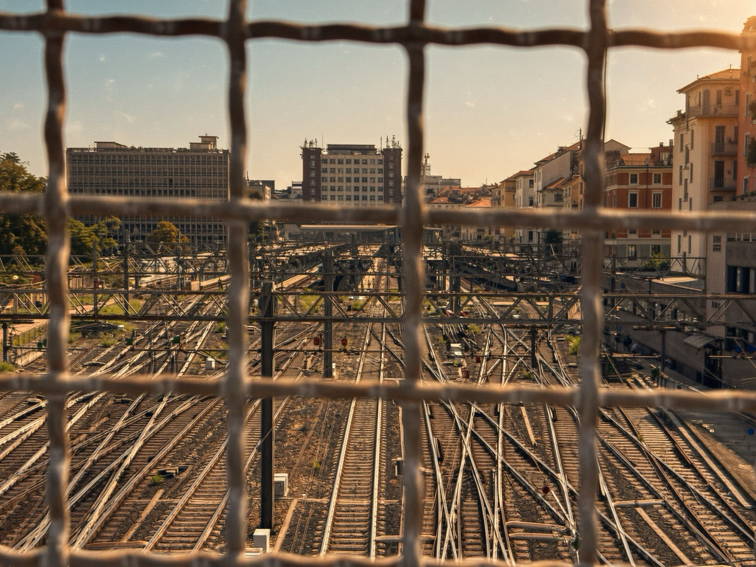 View through a weathered metal wire fence looking down onto a dense network of intersecting railway tracks in an urban area. Mid-rise buildings with beige, white and terracotta facades rise in the background under a clear blue sky; warm sunlight flares from the upper right. Overhead electrical wires and steel support structures span the tracks.