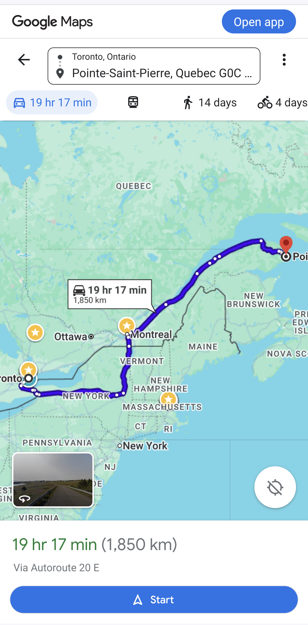 A route from Toronto to the ocean near New Brunswick. It ducks south around Lake Ontario and passes through New York and Vermont before re-entering Canada.