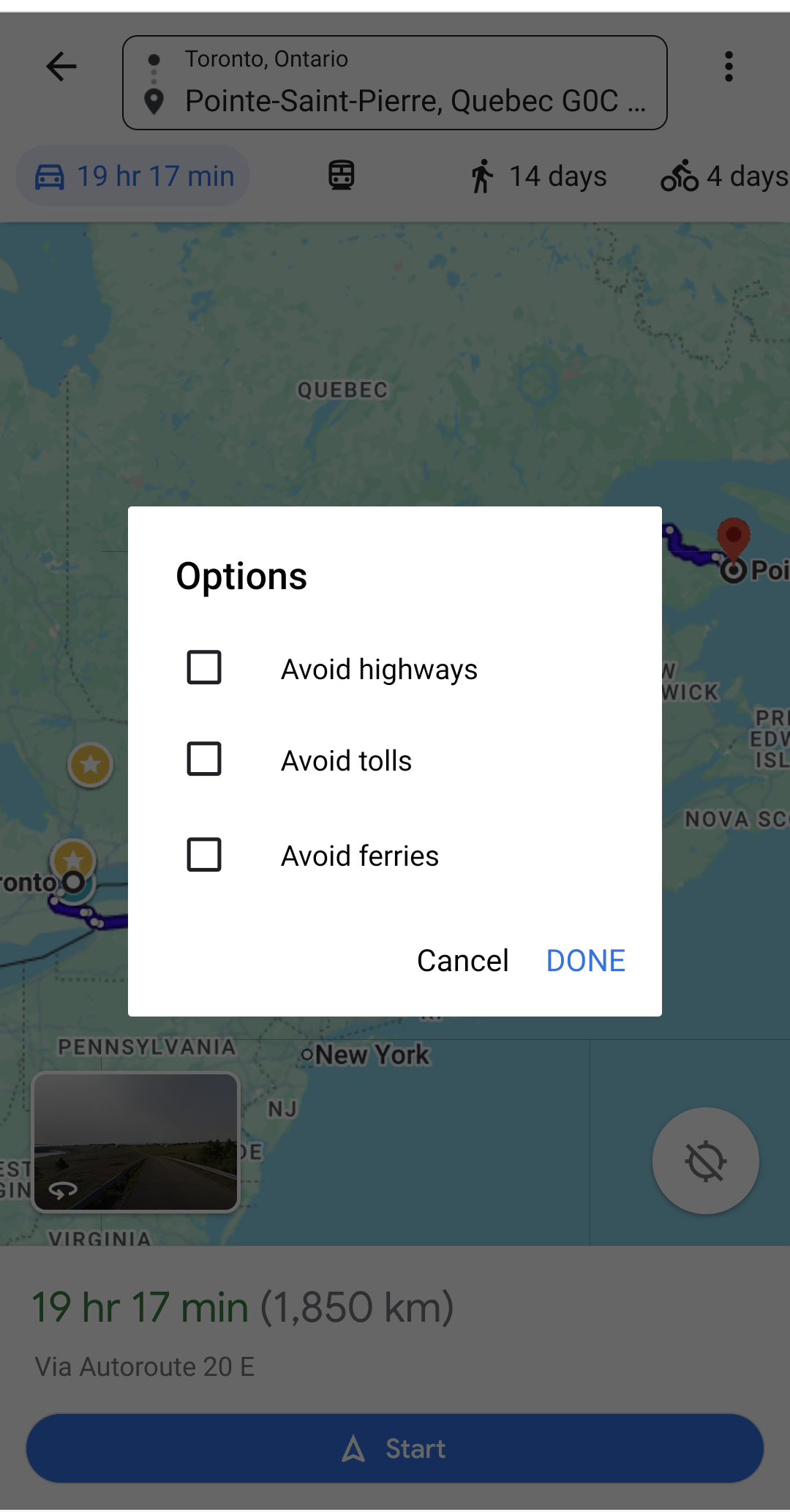 Route options: - Avoid highways - Avoid tolls - Avoid ferries