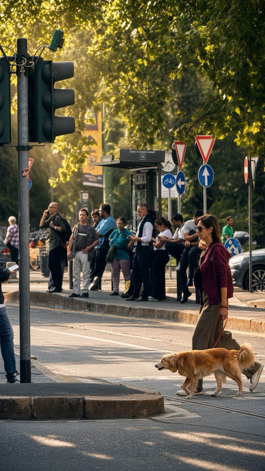 A sunlit city street at golden hour. A woman in a maroon jacket walks a golden retriever on a leash across tram tracks in the foreground. Behind them, a group of people wait at a bus shelter under green trees. Traffic lights, road signs, and long shadows stretch across the asphalt.